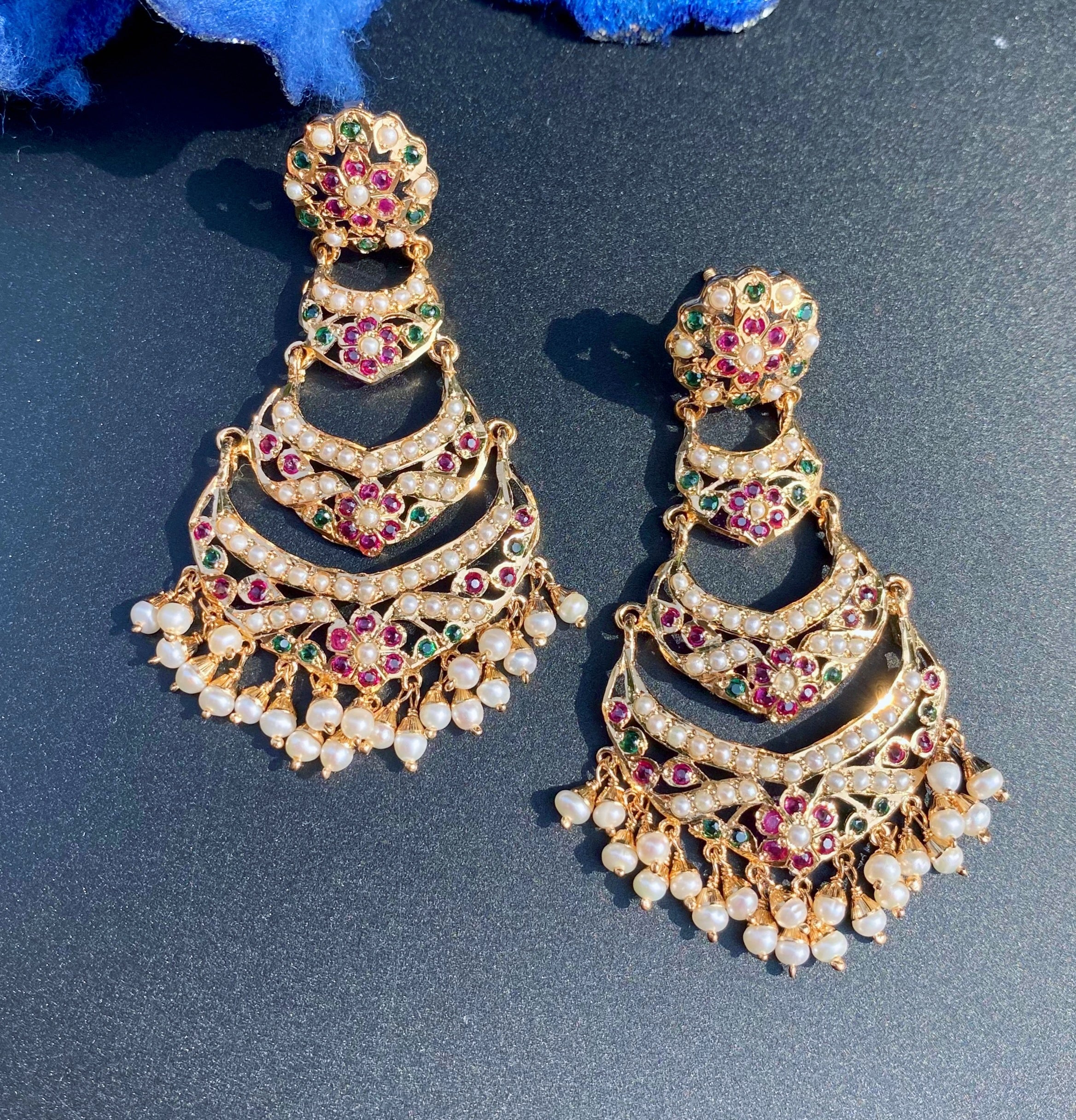 Ruby-Green Pearl Three-Tier Chandbali Earrings | Gold Plated on Silver ER 703