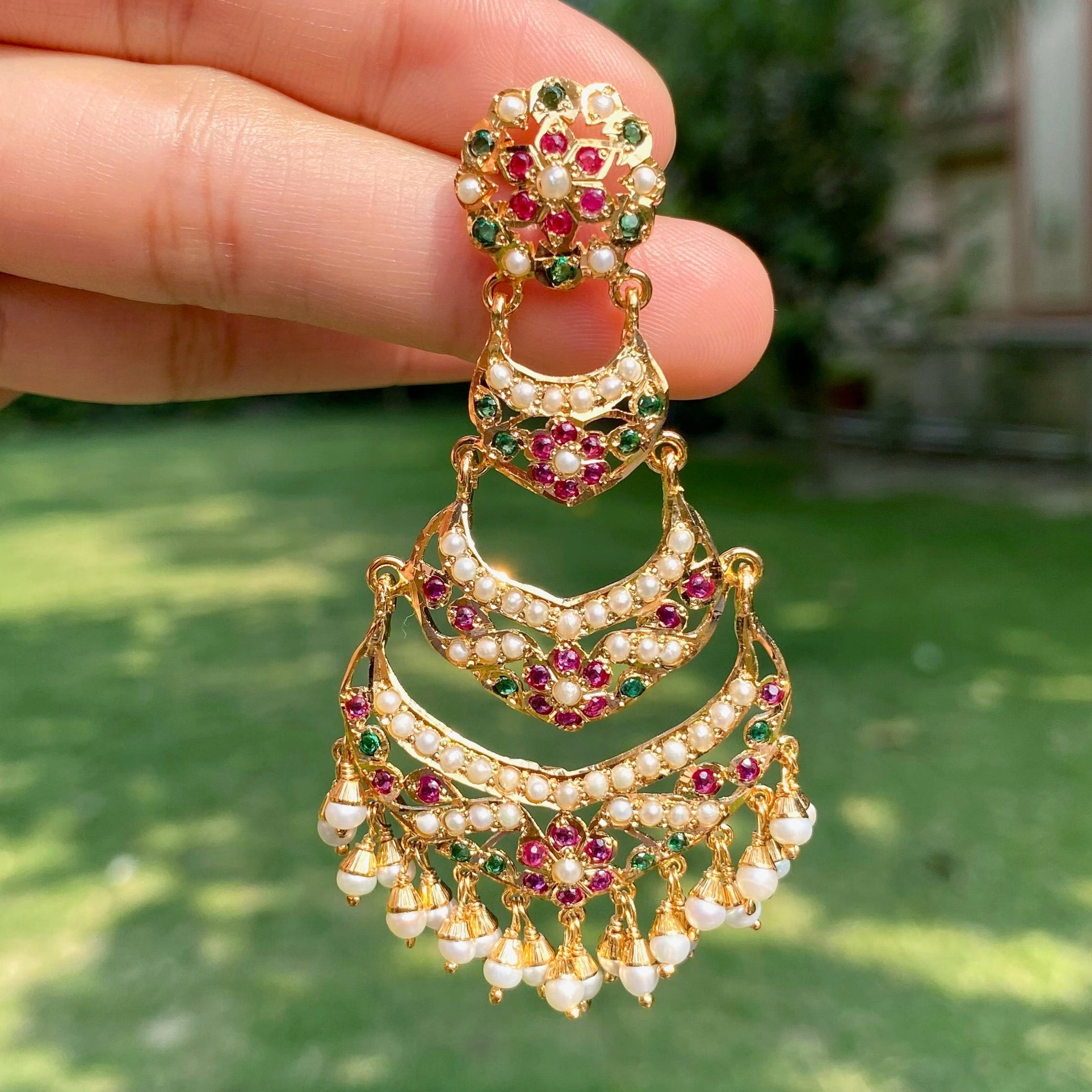 Ruby-Green Pearl Three-Tier Chandbali Earrings | Gold Plated on Silver ER 703