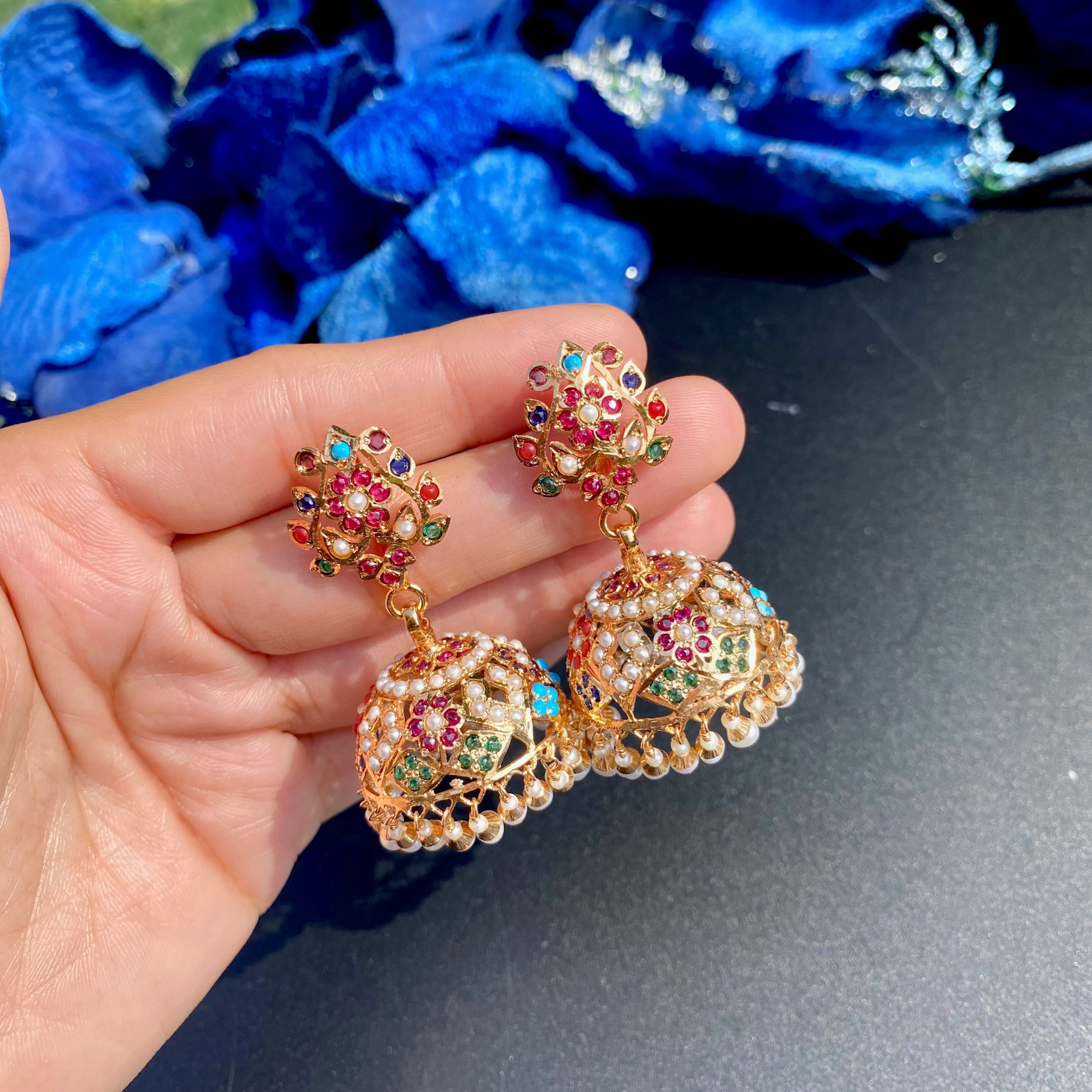 Navratna Pearl Jadau Jhumka Earrings | Gold Plated 925 Silver ER 708