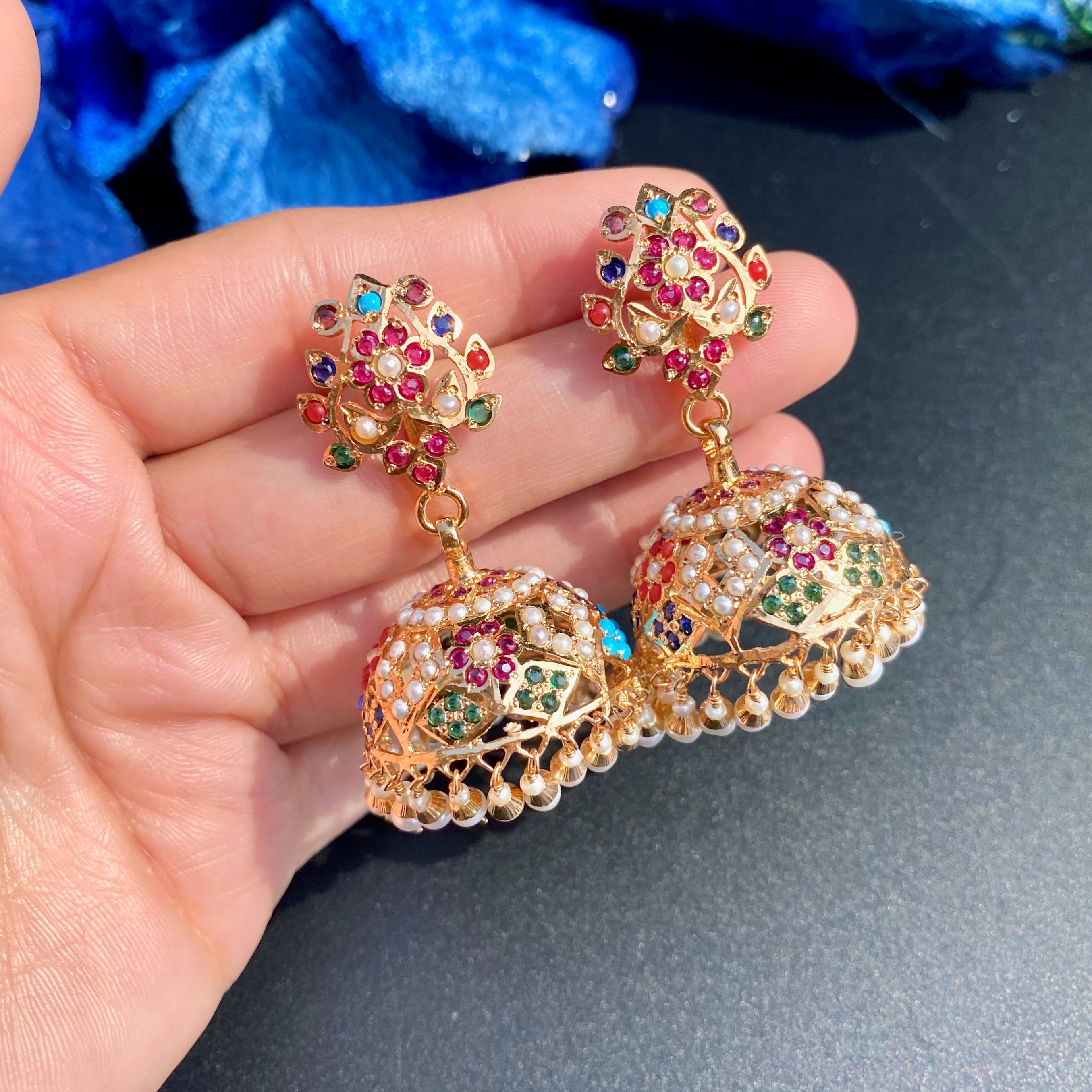 Navratna Pearl Jadau Jhumka Earrings | Gold Plated 925 Silver ER 708