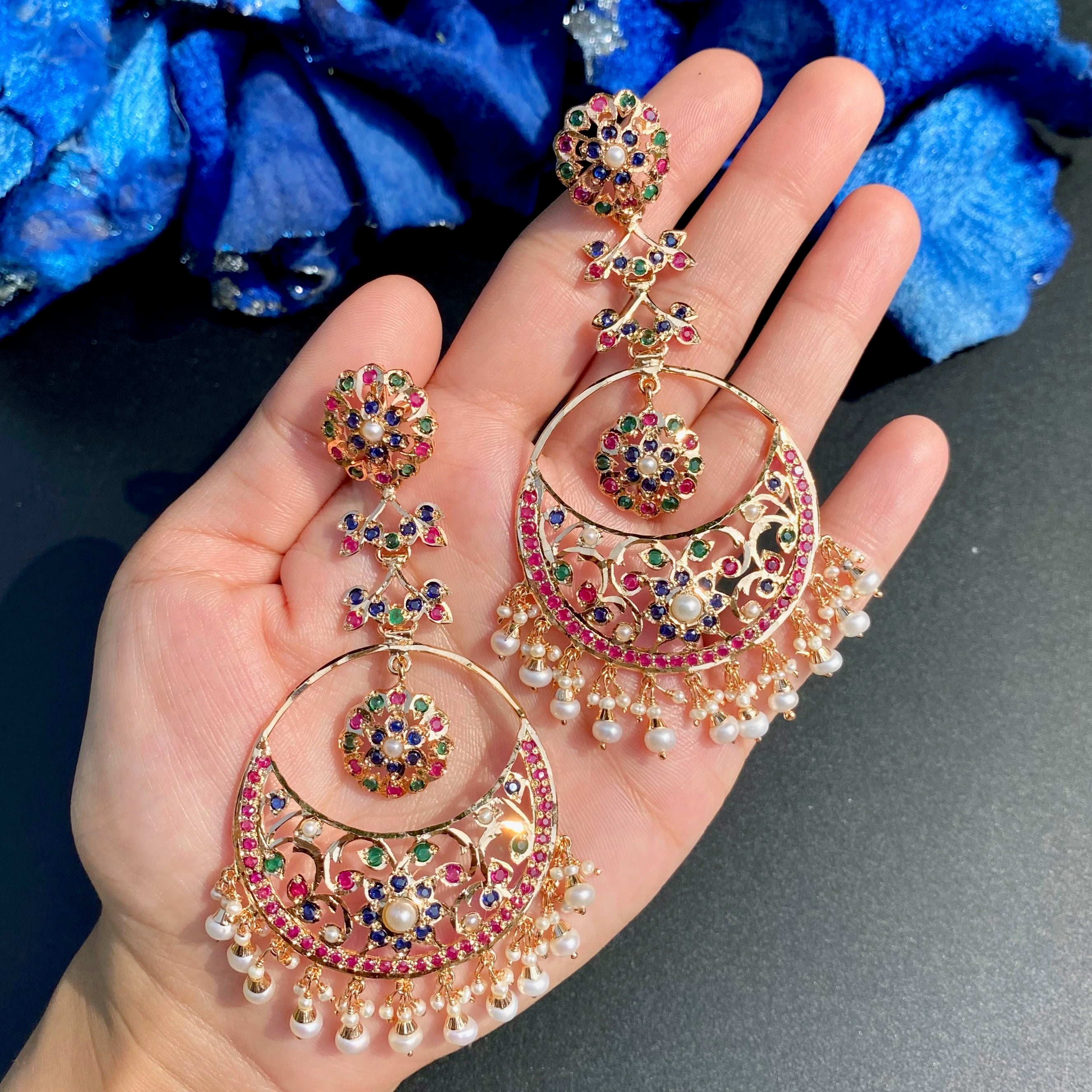 Statement Multicolored Chandbali Earrings | Gold Plated Jadau Jewelry on Silver ER 696