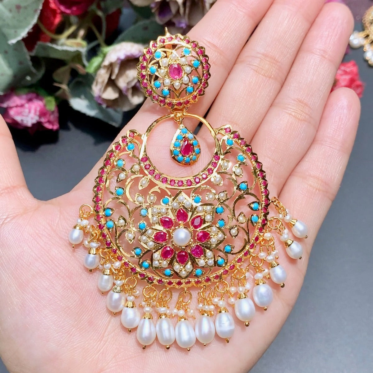 gold finished pakistani jadau earrings