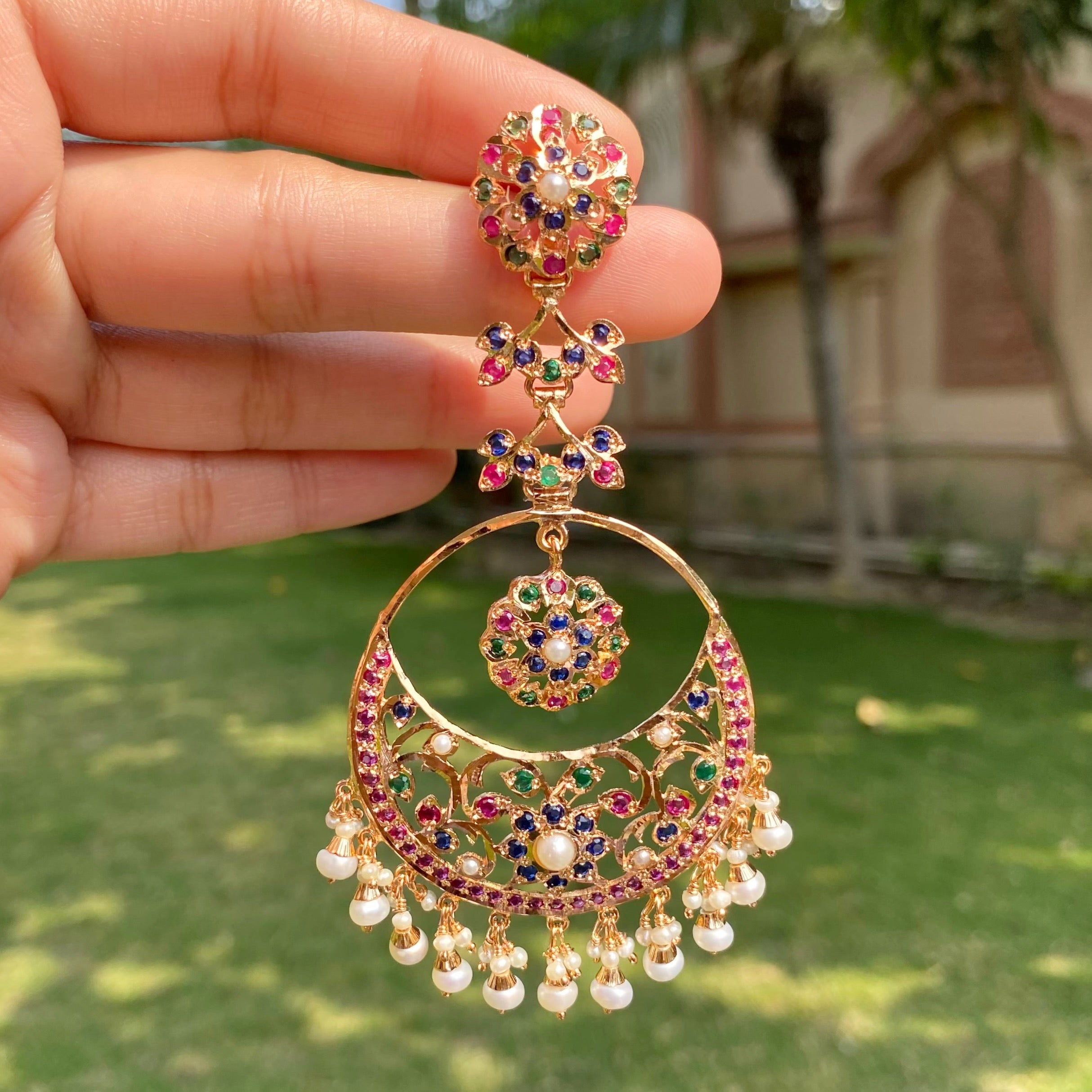 Statement Multicolored Chandbali Earrings | Gold Plated Jadau Jewelry on Silver ER 696