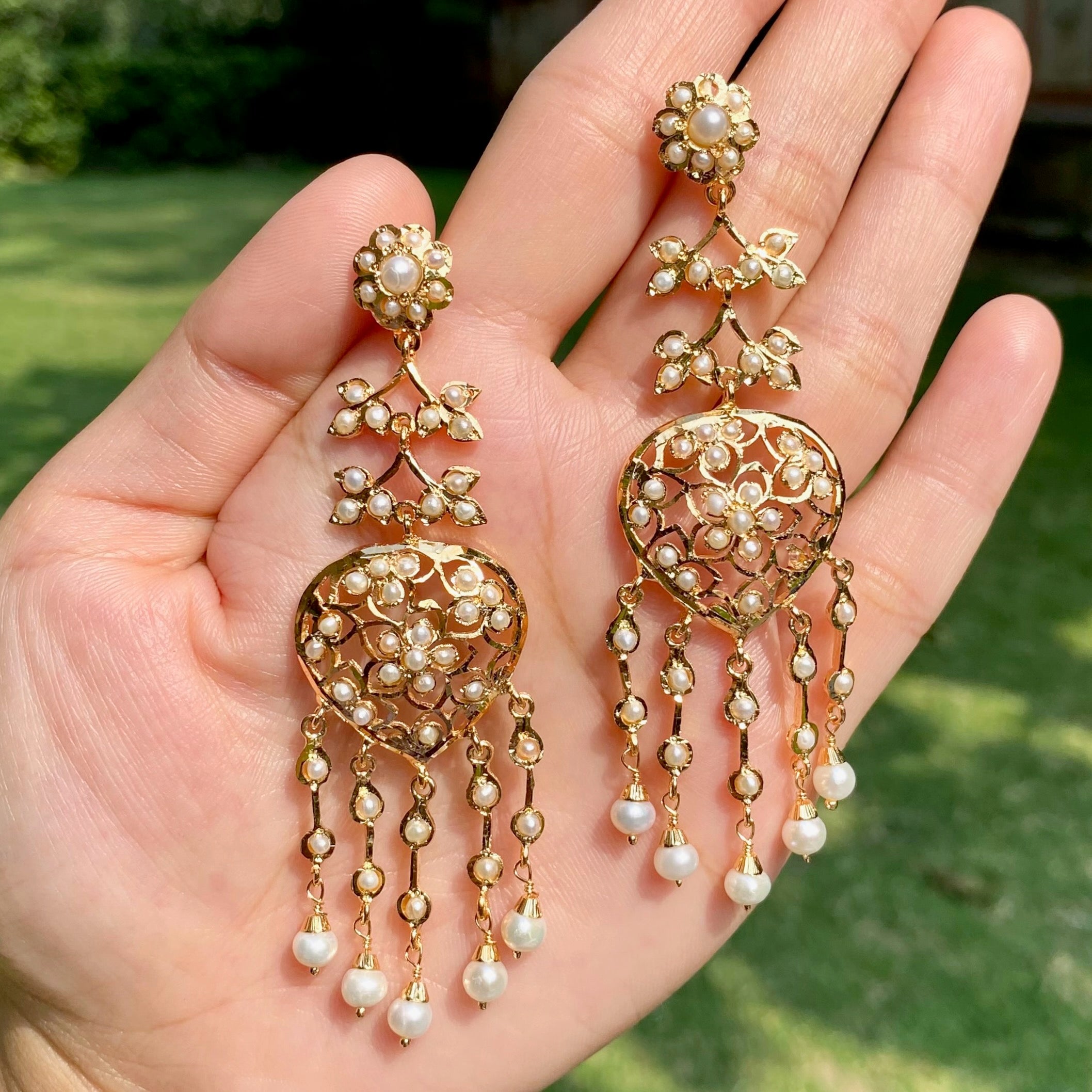Ethnic Styled Pearl Long Earrings | Gold Plated on Sterling Silver ER 698
