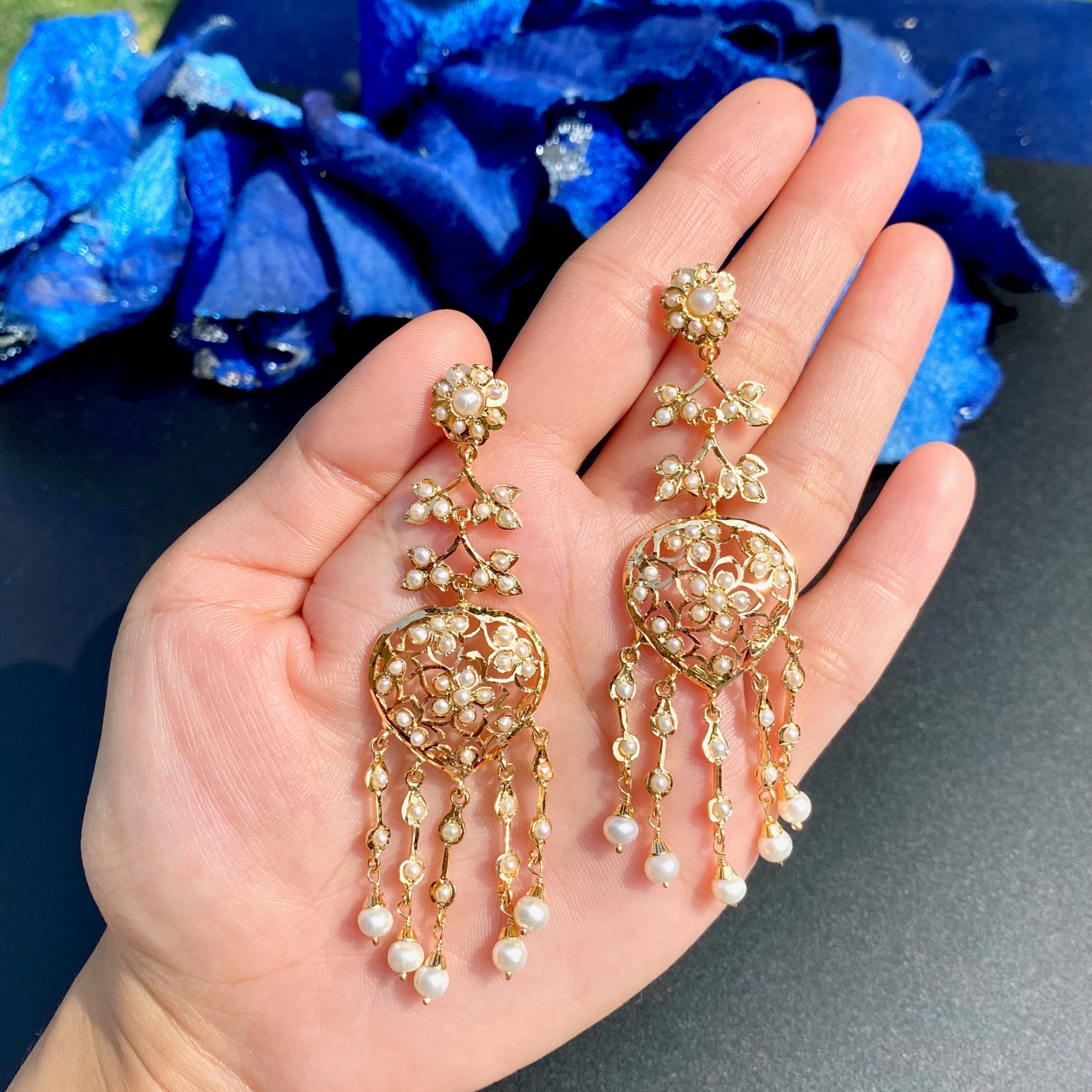 Ethnic Styled Pearl Long Earrings | Gold Plated on Sterling Silver ER 698