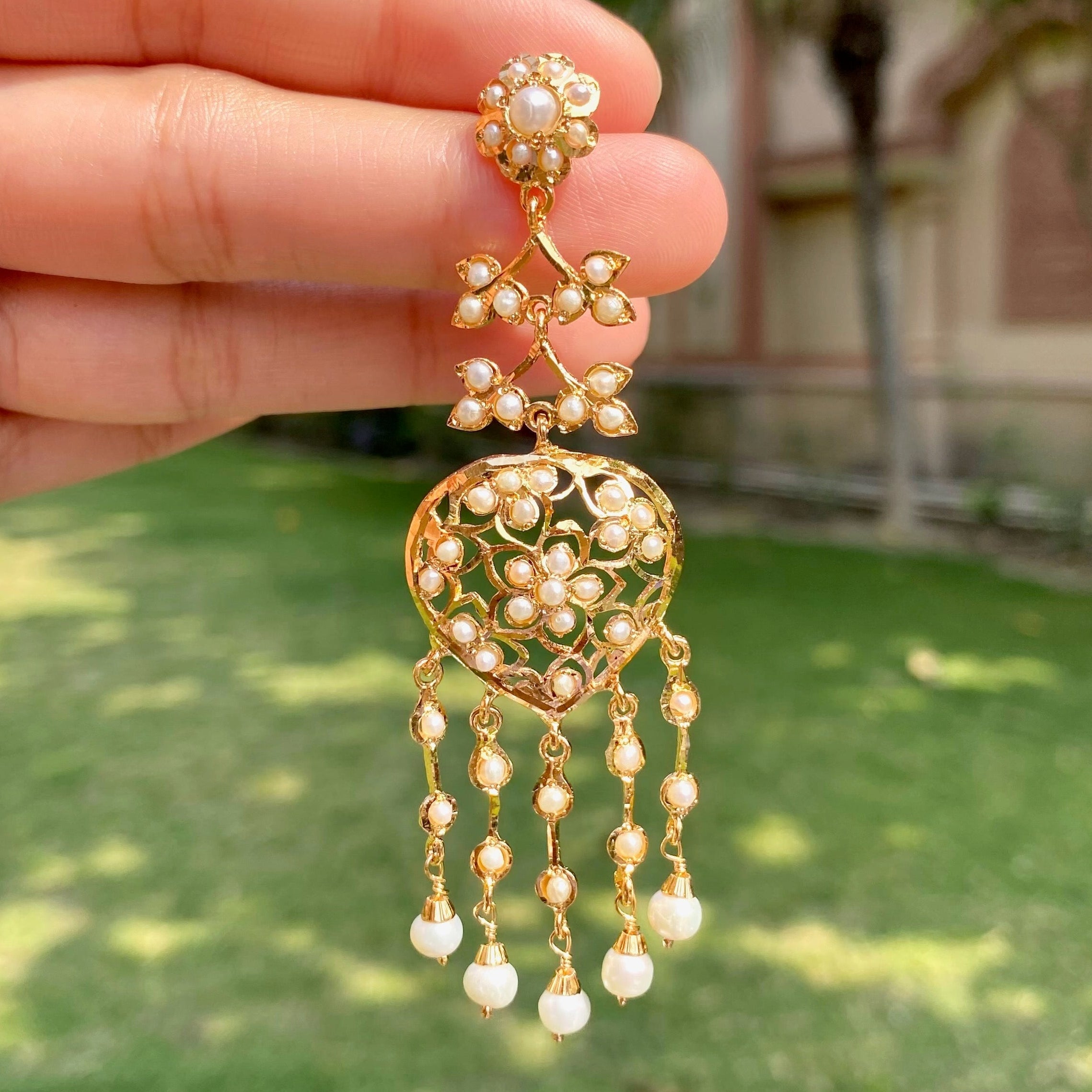 Ethnic Styled Pearl Long Earrings | Gold Plated on Sterling Silver ER 698