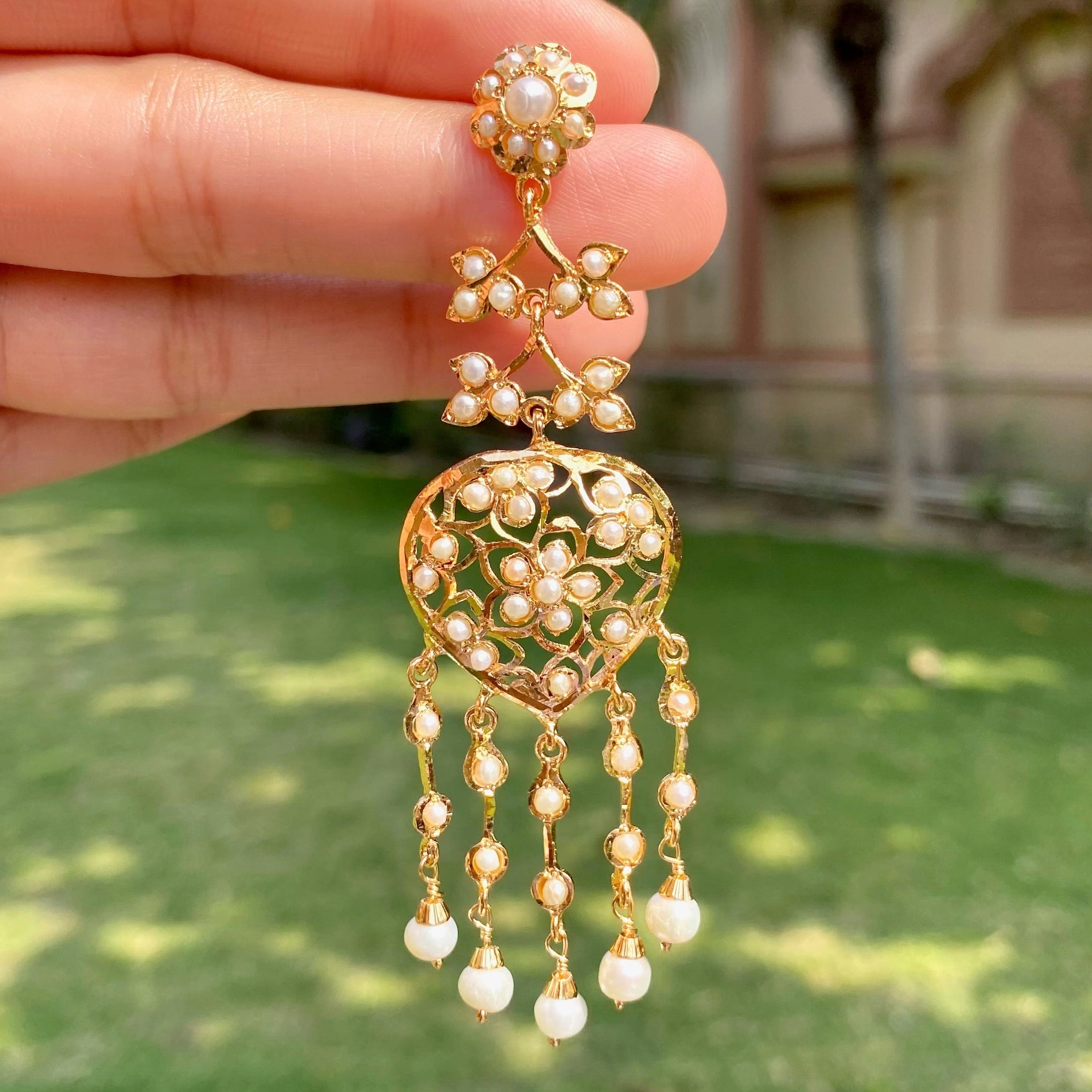 Ethnic Styled Pearl Long Earrings | Gold Plated on Sterling Silver ER 698