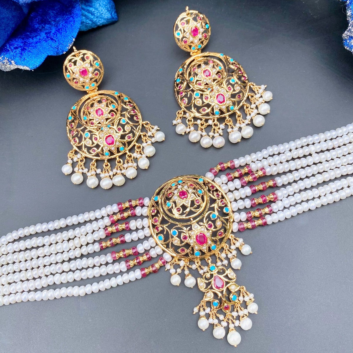 gold plated jadau choker and earrings