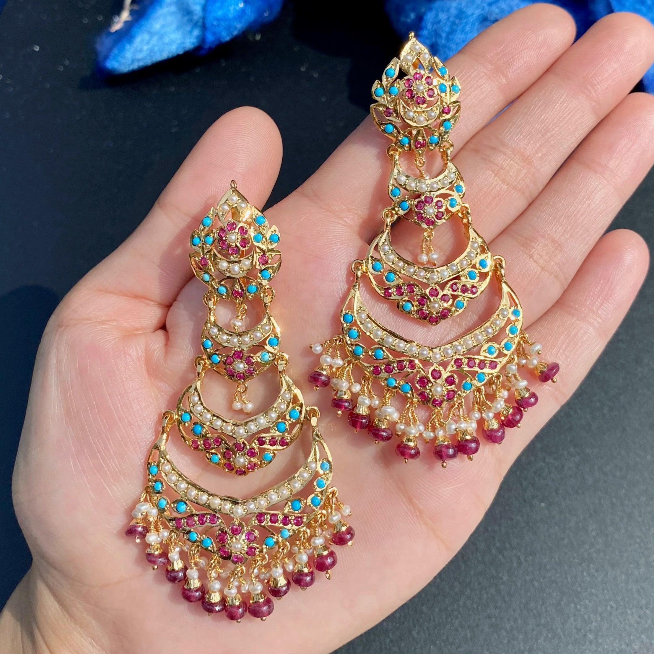 Ruby-Turquoise Pearl Three-Tier Chandbali Earrings | Gold Plated on 925 Silver ER 706