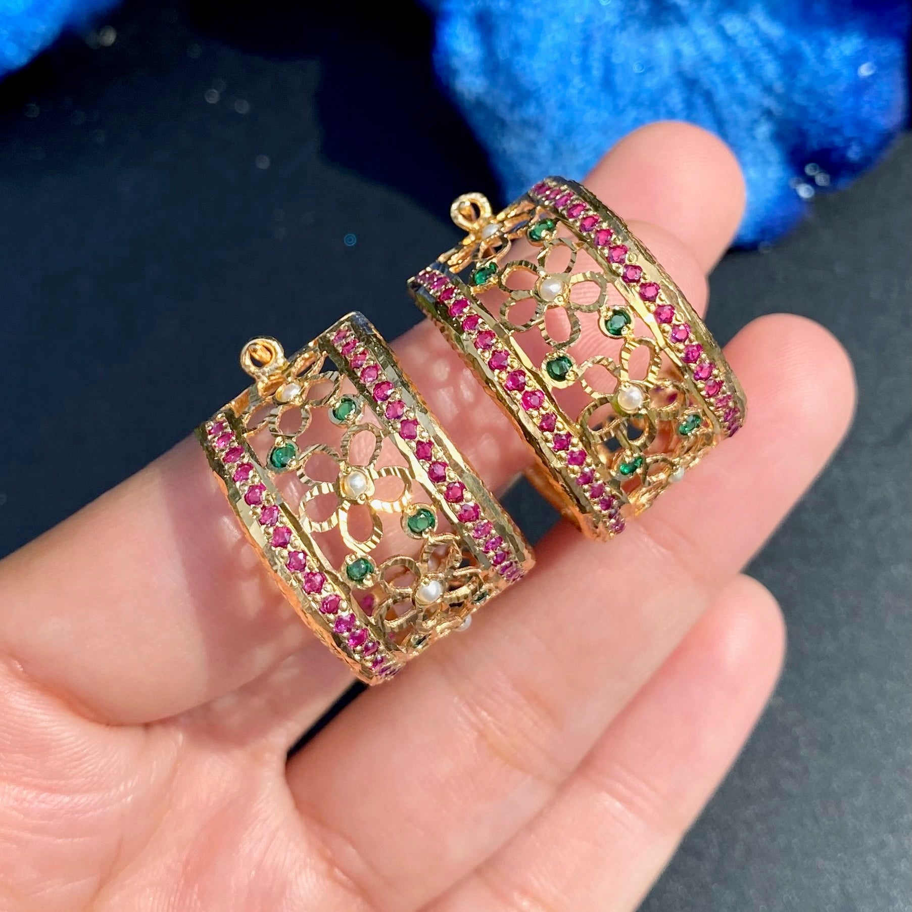 Ruby-Green Floral Jadau Hoop Earrings | Gold Plated Silver ER 709