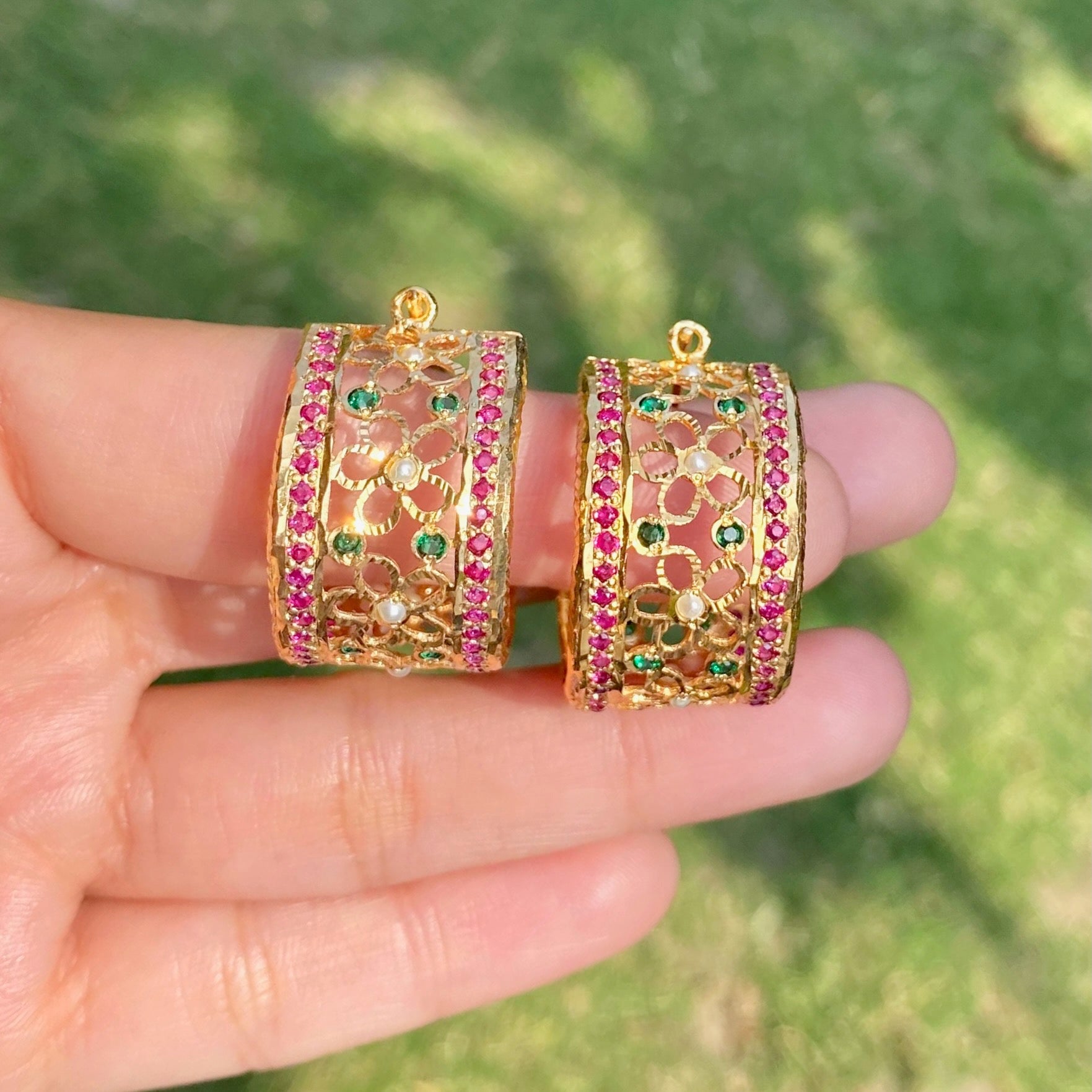 Ruby-Green Floral Jadau Hoop Earrings | Gold Plated Silver ER 709