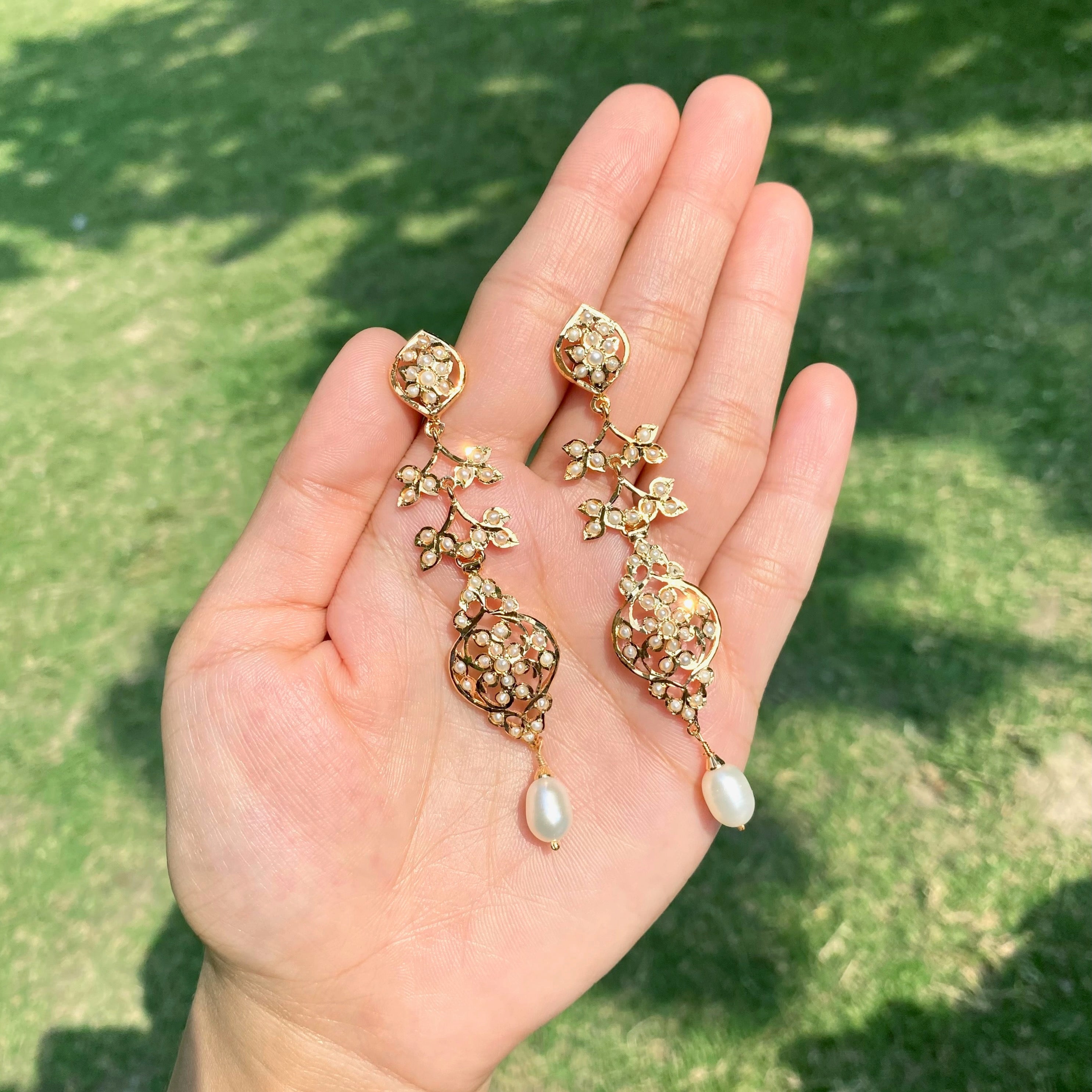 Long Pearl Openwork Jadau Drop Earrings | Gold Plated Silver ER 716