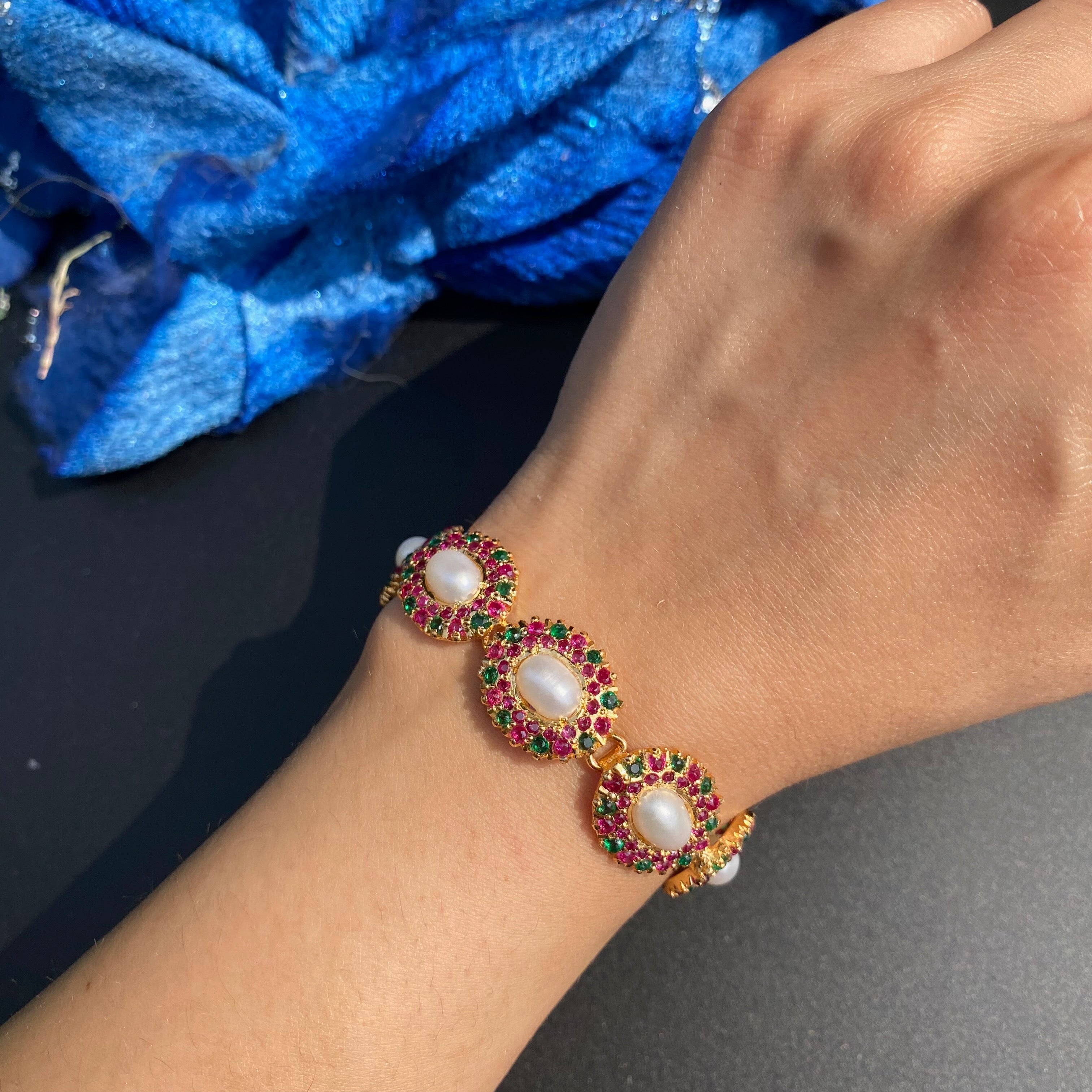 Ruby Pearl Jadau Bracelet | Gold Plated Silver BG 186