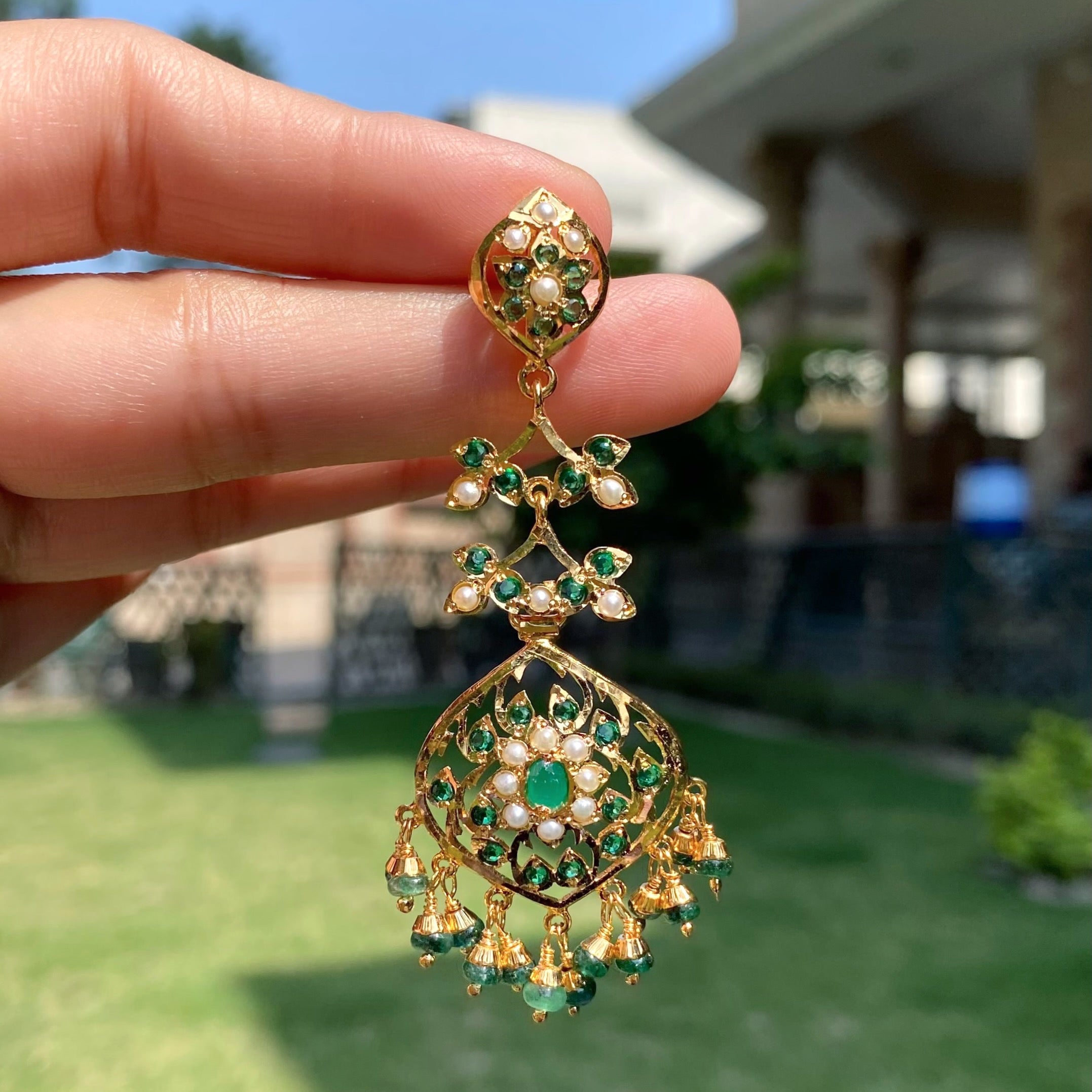 Emerald Green Danglers For Women | Fine Jadau Jewelry on 925 Silver ER 665