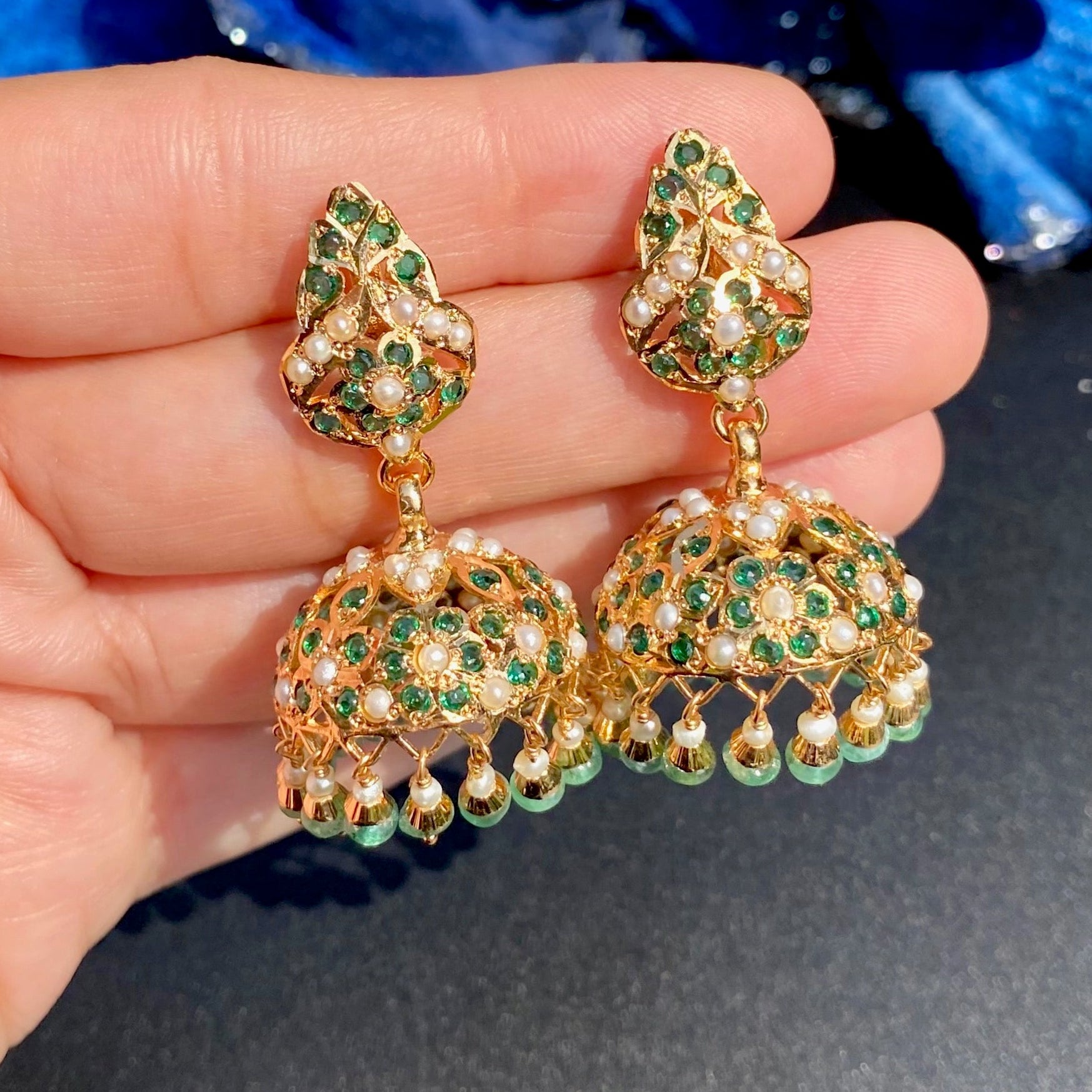 Emerald-Green Pearl Jadau Jhumka Earrings | Gold Plated Silver ER 711