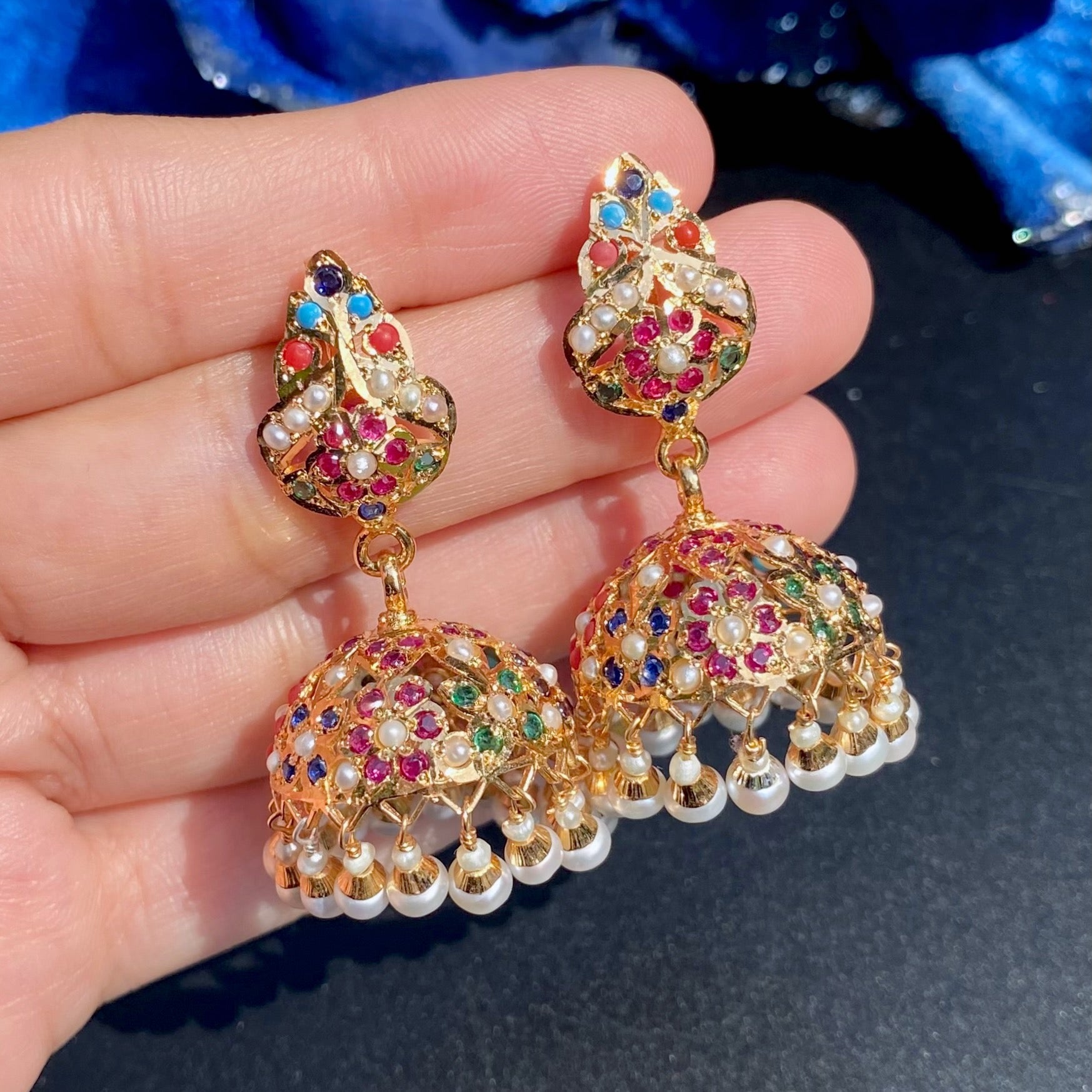 Navratna Jadau Jhumka Earrings For Women | Gold Plated Silver ER 722