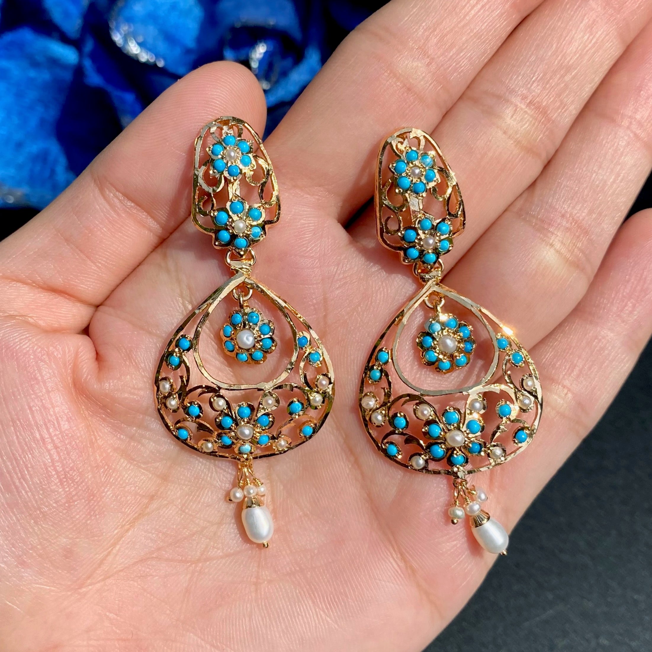Feroza Pearl Openwork Jadau Earrings | Indo Western Chandbali Earrings | Gold Plated on Silver ER 732