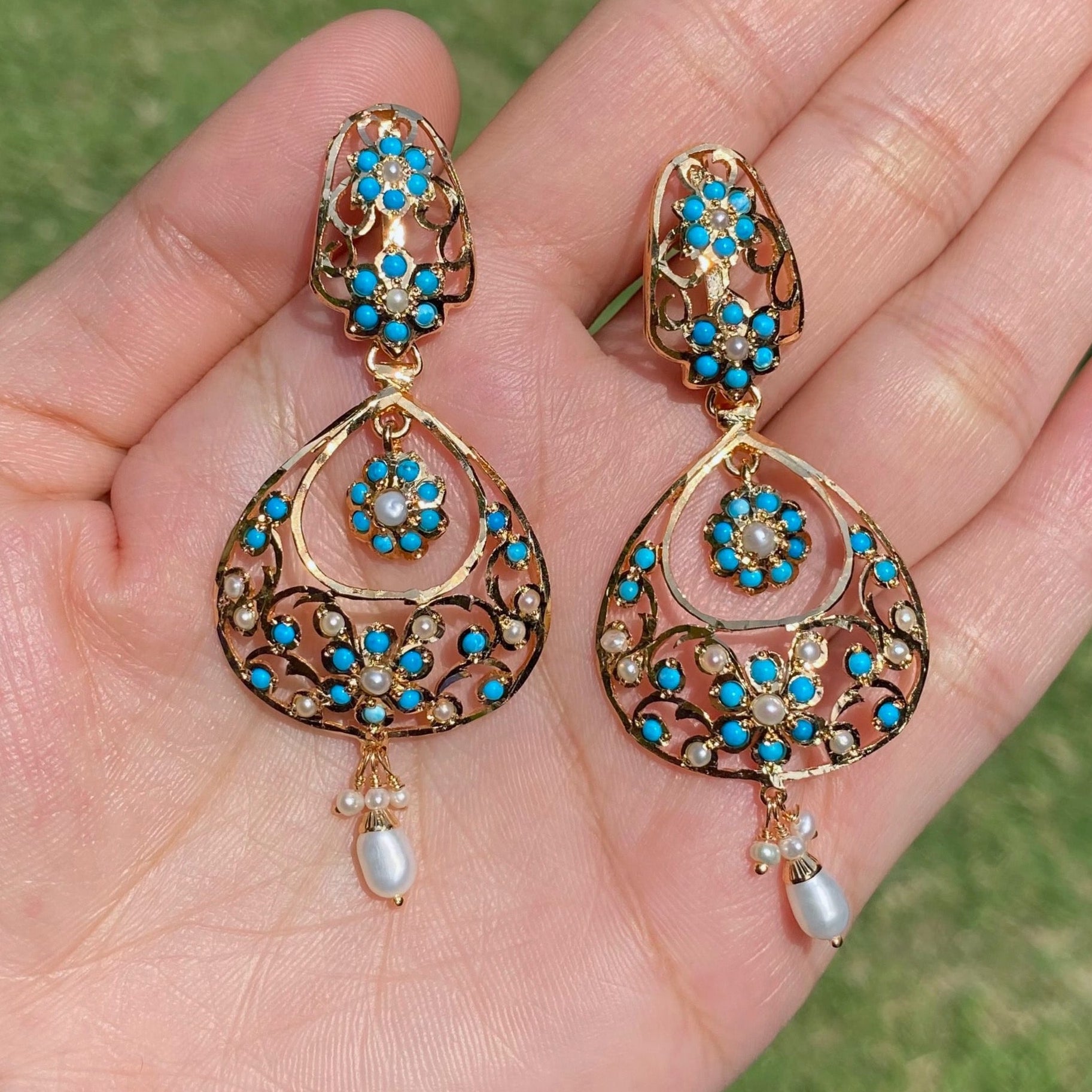 Feroza Pearl Openwork Jadau Earrings | Indo Western Chandbali Earrings | Gold Plated on Silver ER 732