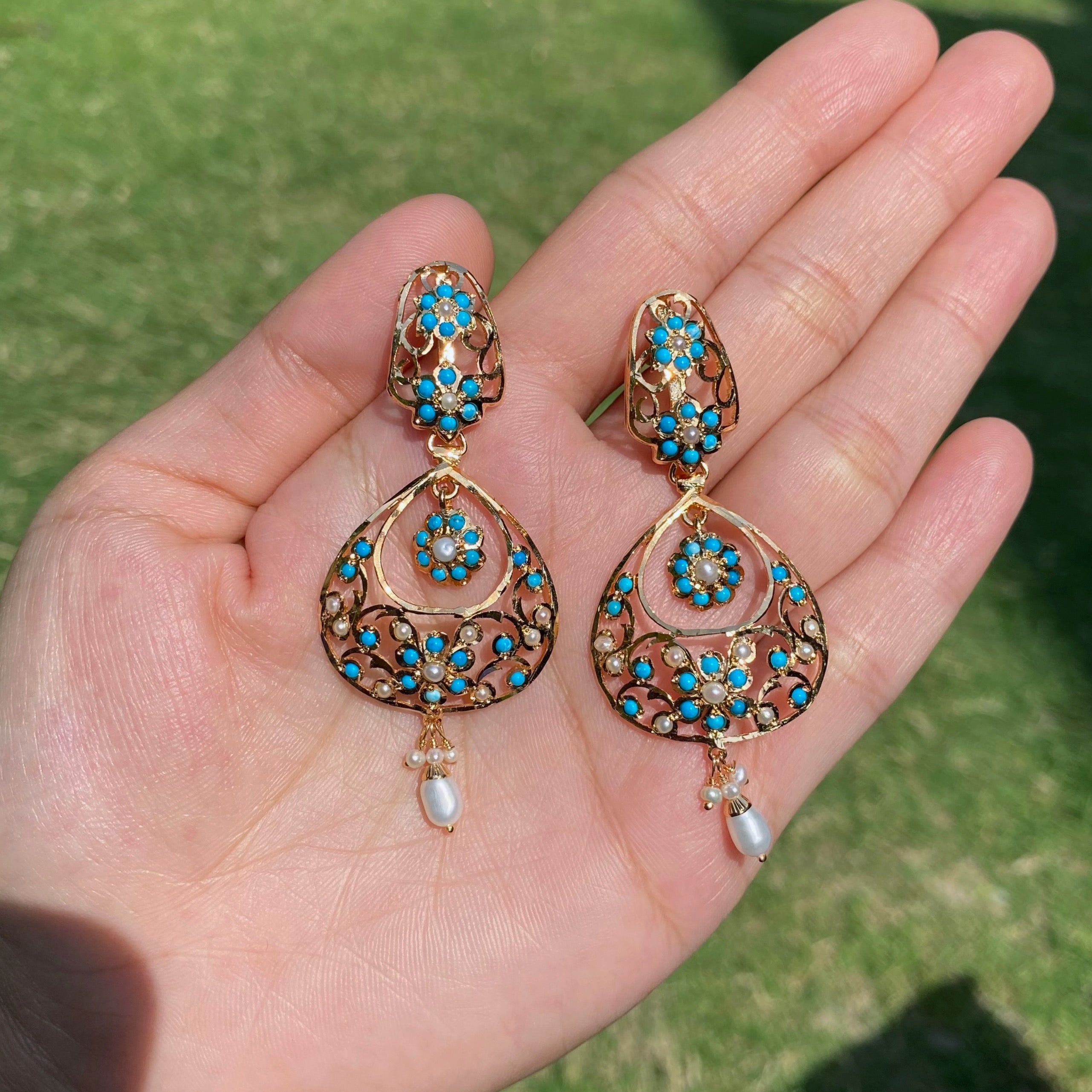 Feroza Pearl Openwork Jadau Earrings | Indo Western Chandbali Earrings | Gold Plated on Silver ER 732