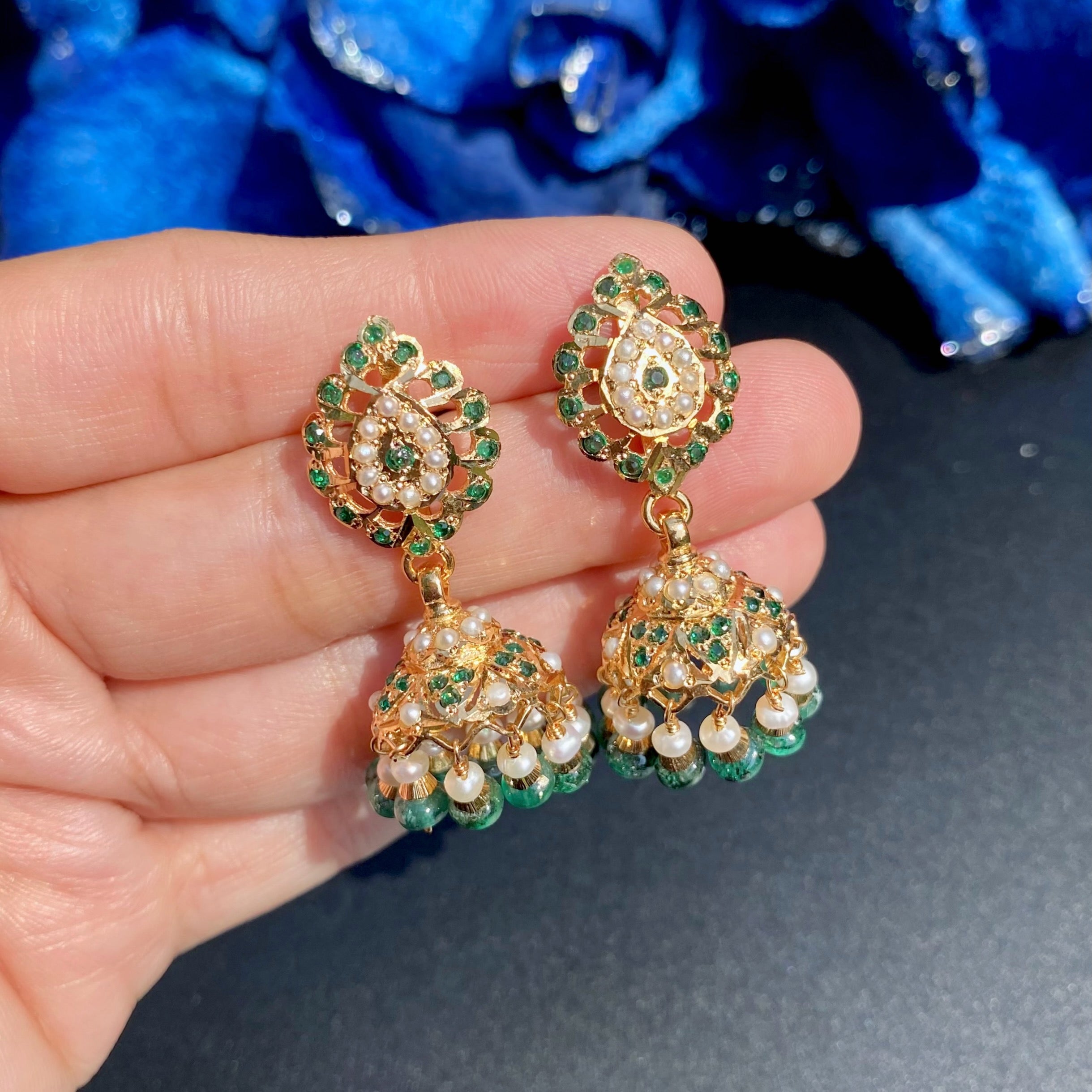 Emerald Pearl Paisley Jhumka Earrings | Gold Plated on Silver ER 730