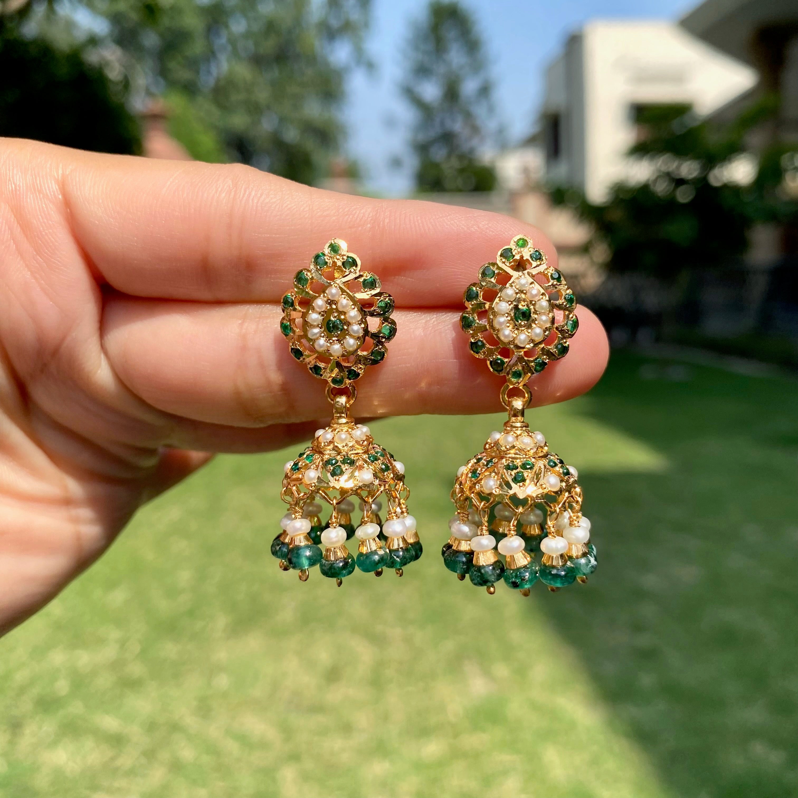 Emerald Pearl Paisley Jhumka Earrings | Gold Plated on Silver ER 730