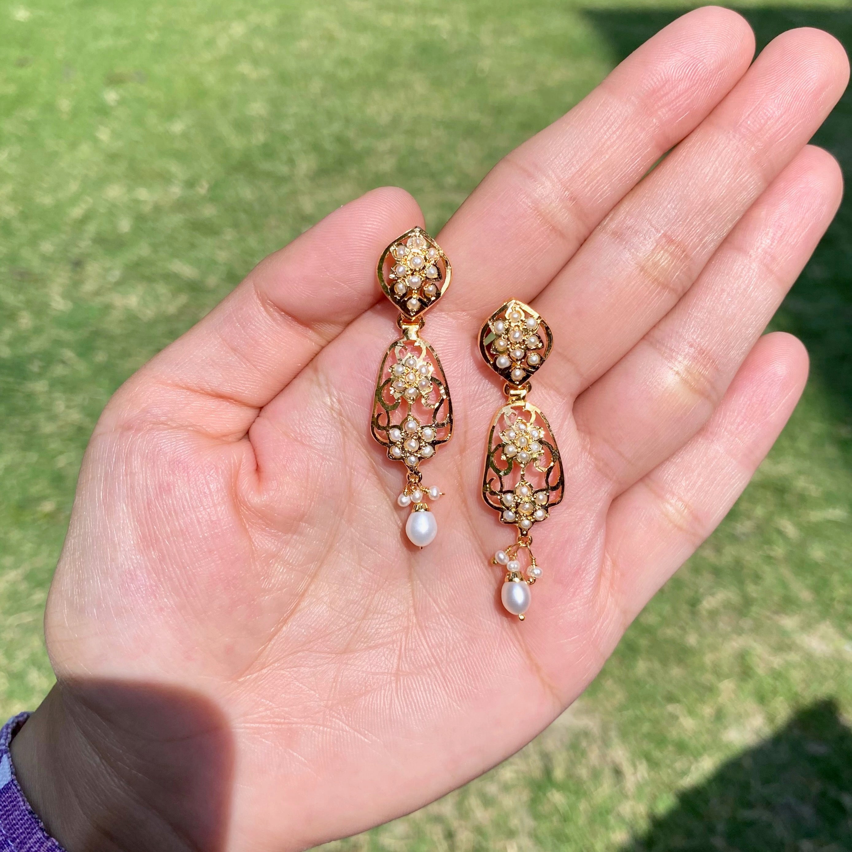 Pearl Openwork Jadau Drop Earrings | Gold Plated Silver ER 713