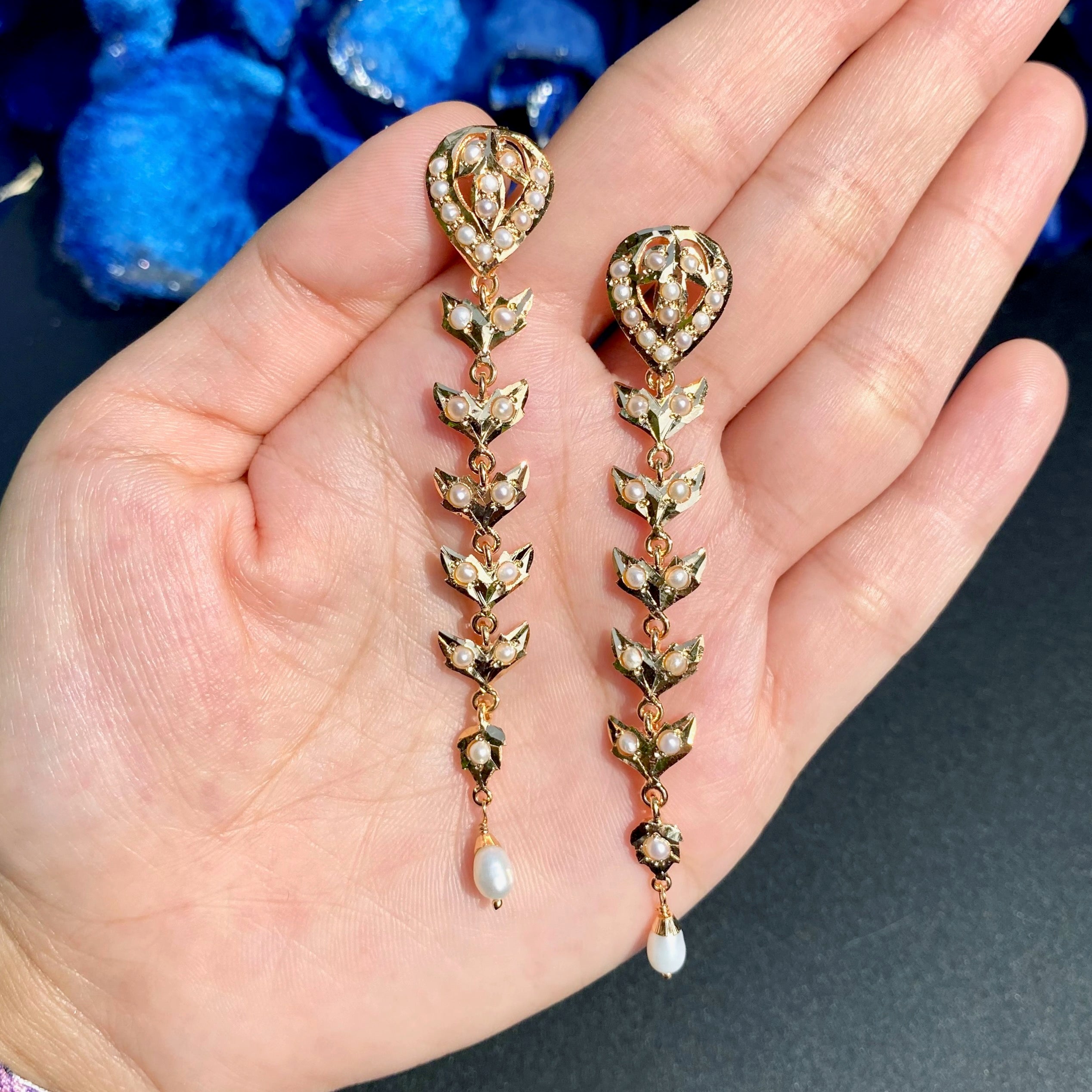 Long Flowing Slender Pearl Earrings | Gold Plated on Sterling Silver ER 726