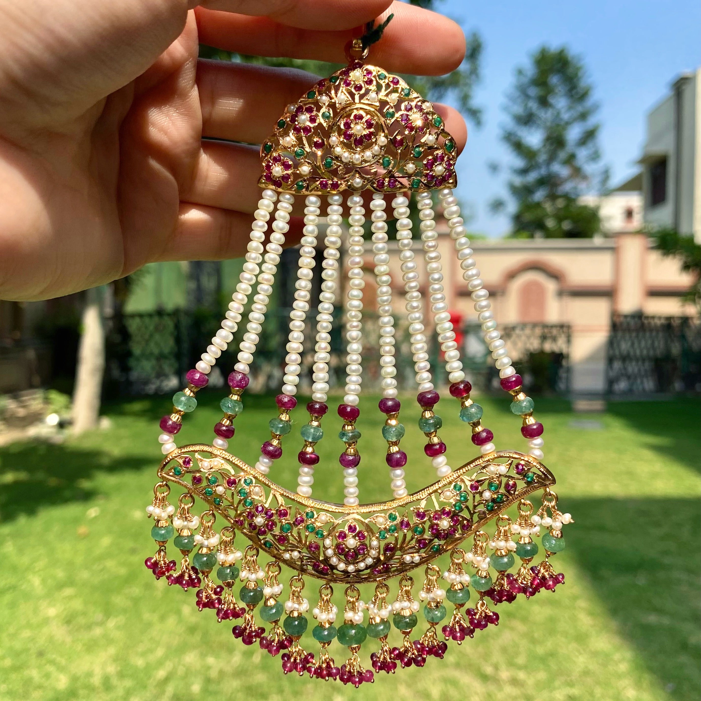 Ruby Emerald Pearl Jadau Passa / Jhoomer | Gold Plated on Silver Base JHR 013
