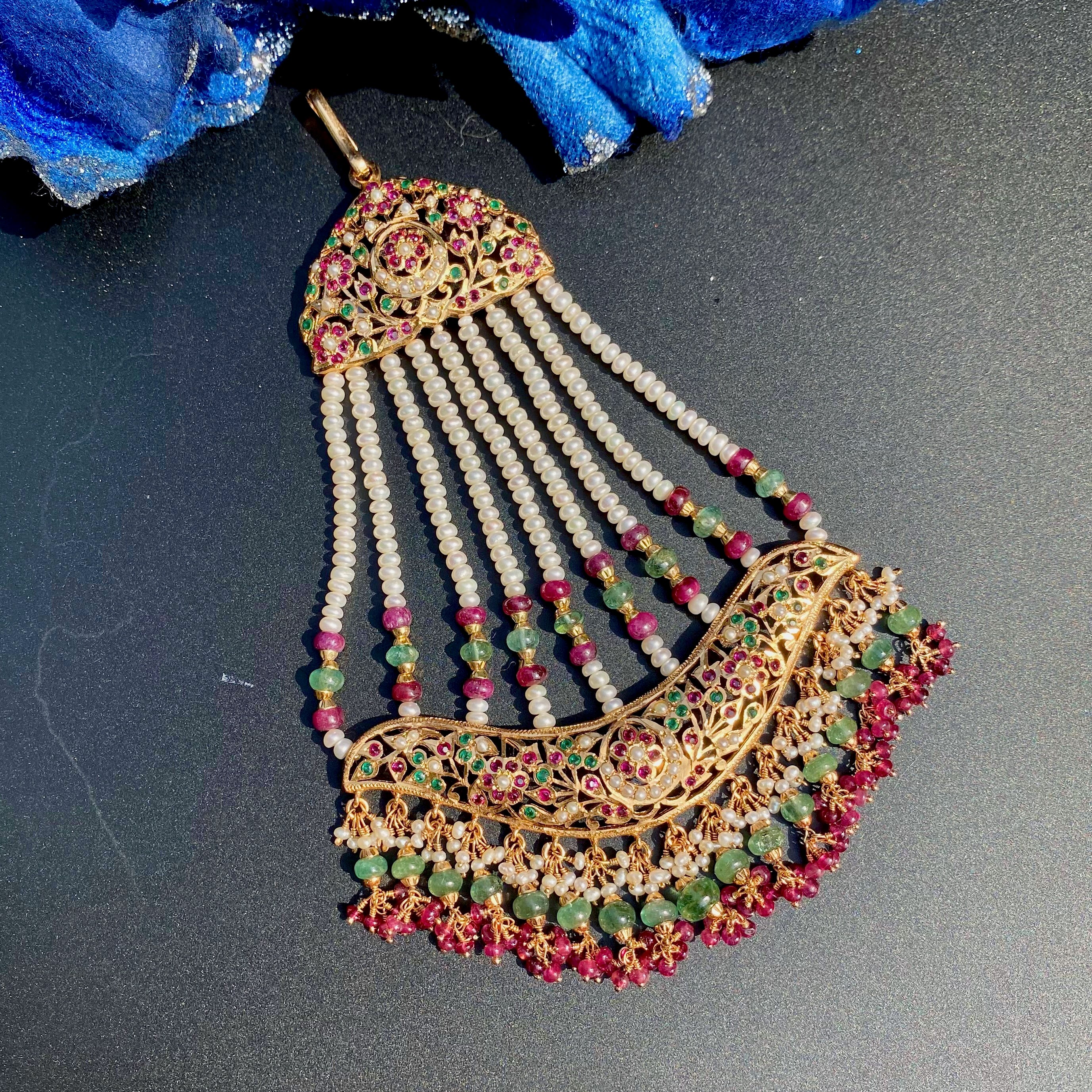 Ruby Emerald Pearl Jadau Passa / Jhoomer | Gold Plated on Silver Base JHR 013