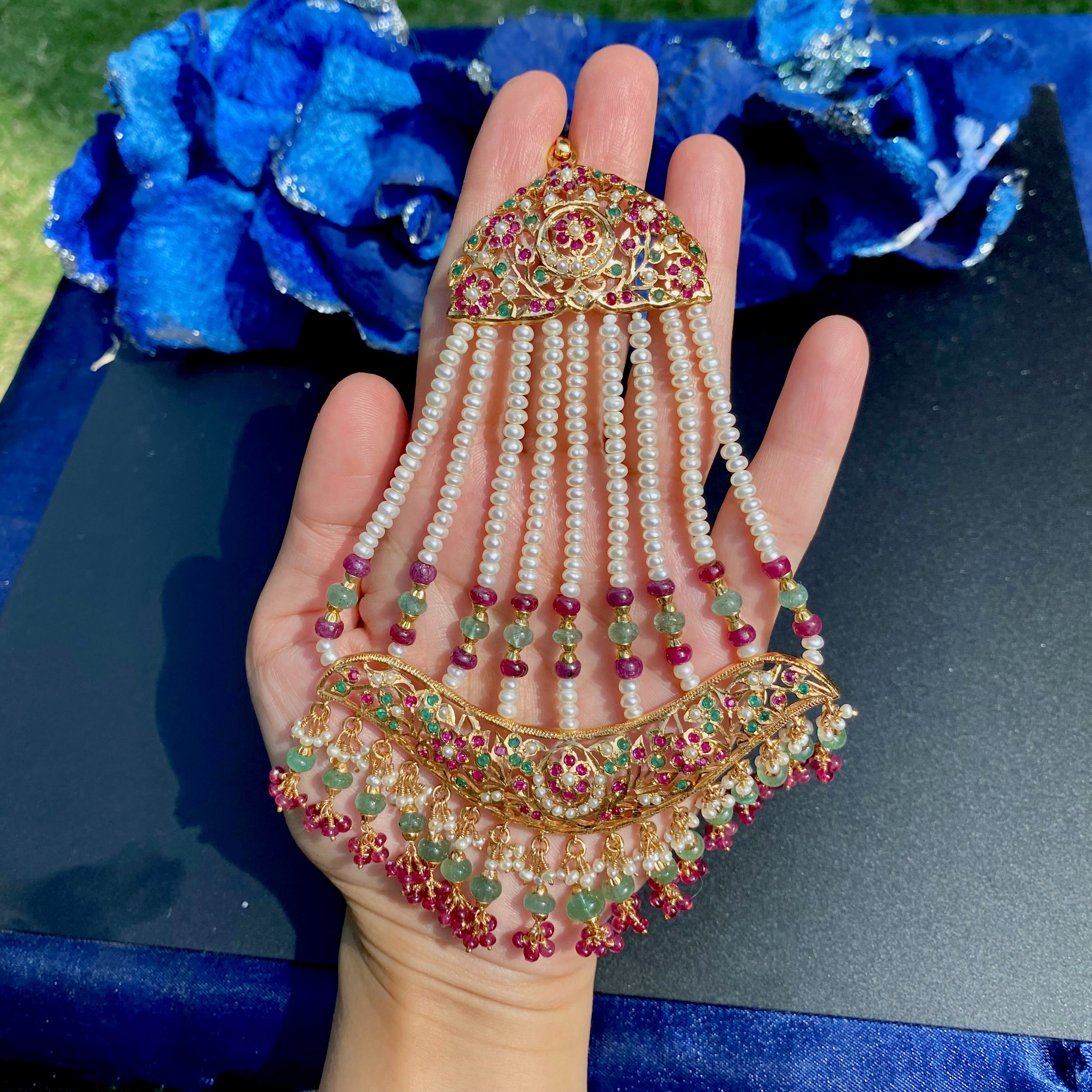 Ruby Emerald Pearl Jadau Passa / Jhoomer | Gold Plated on Silver Base JHR 013