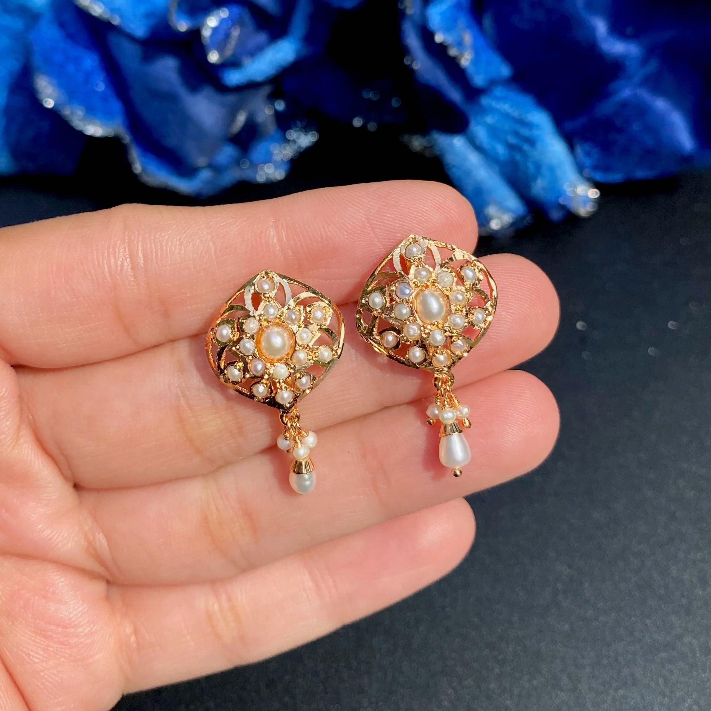 Pearl Floral Jadau Stud Earrings | Gold Plated on Silver ER 738