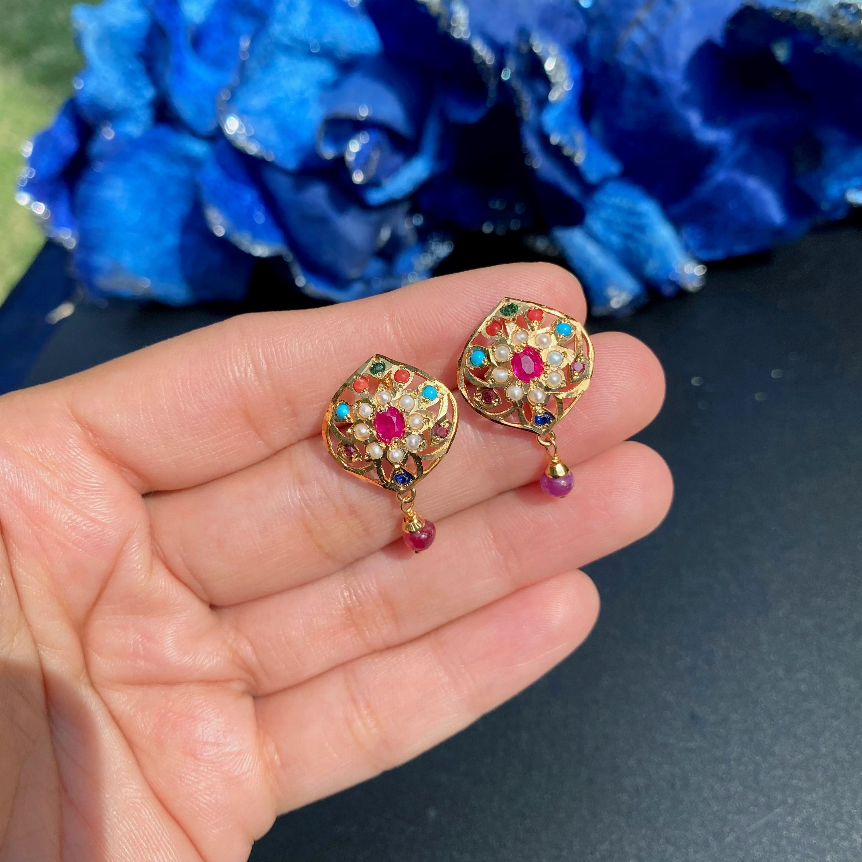 Cute Jadau Stud in Navratna Combination | Gold Plated on Silver ER 734