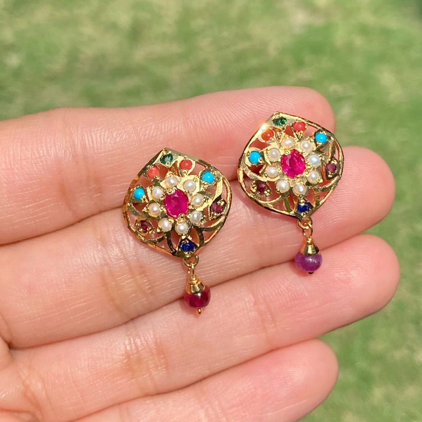 Cute Jadau Stud in Navratna Combination | Gold Plated on Silver ER 734