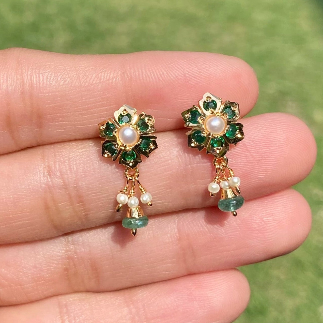 Emerald Pearl Jadau Studs | Gold plated on 925 Silver ER 737