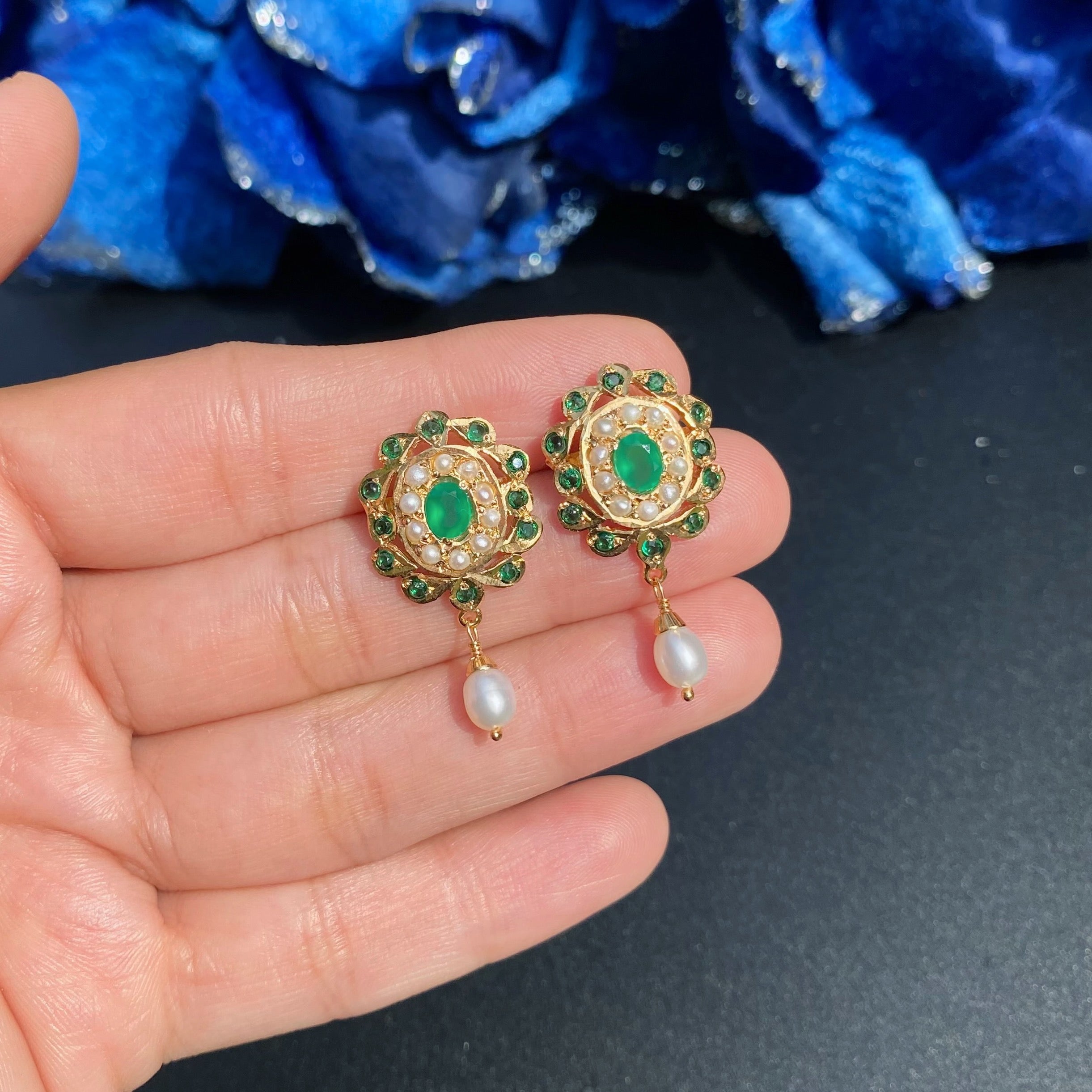 Emerald Pearl Jadau Stud Earrings | Gold Plated on Silver ER 736