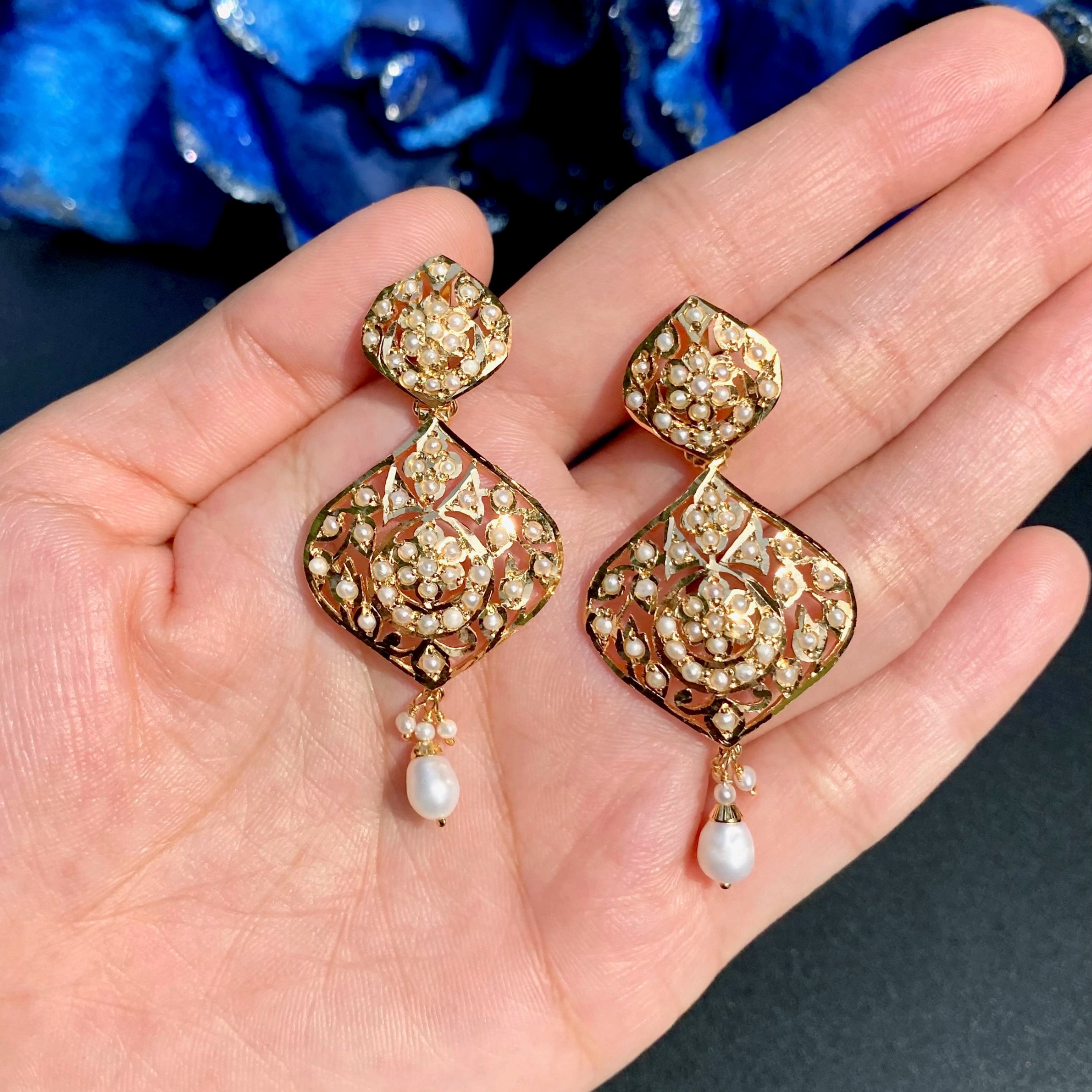 Pearl Lace Drop Jadau Earrings | Gold Plated Silver ER 727