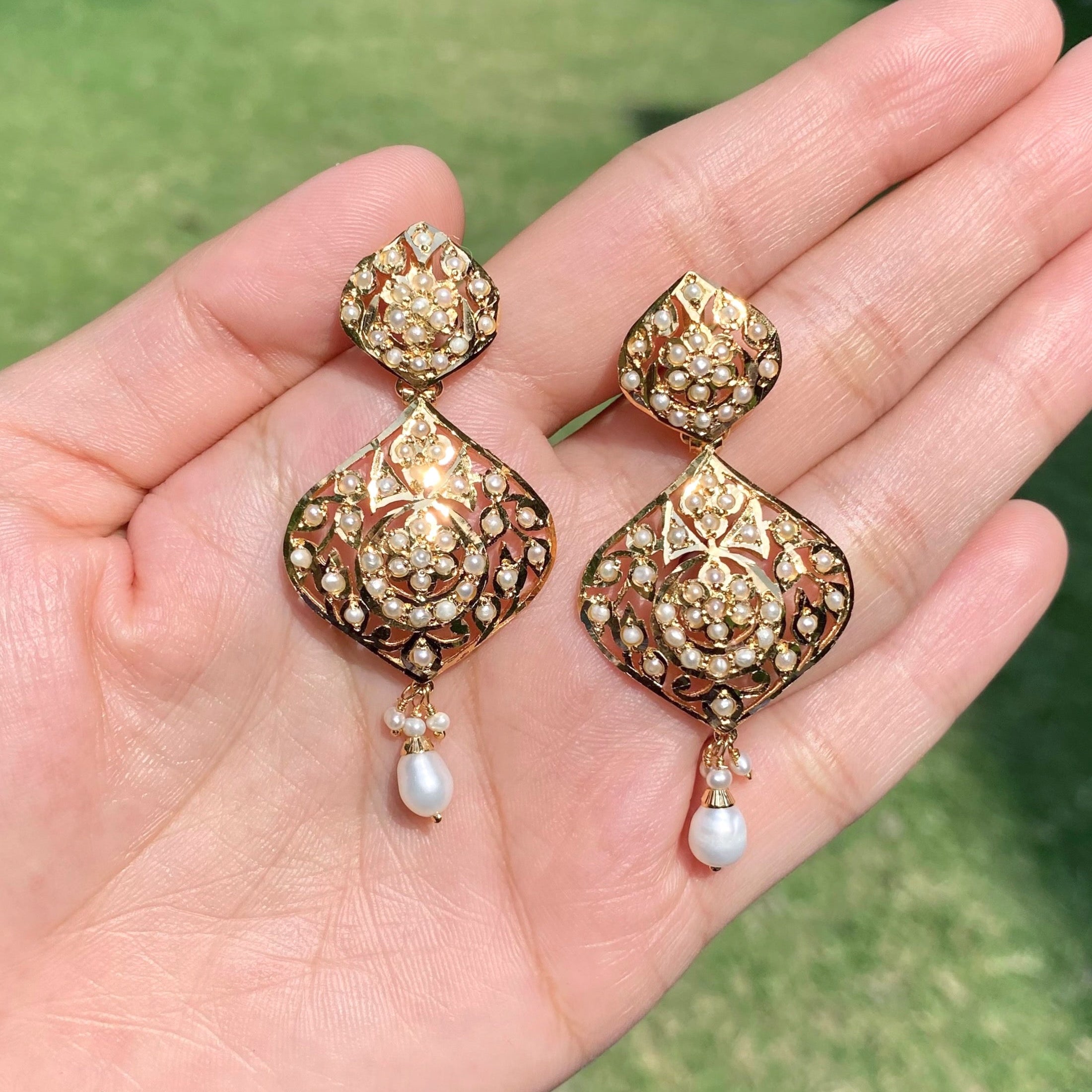 Pearl Lace Drop Jadau Earrings | Gold Plated Silver ER 727