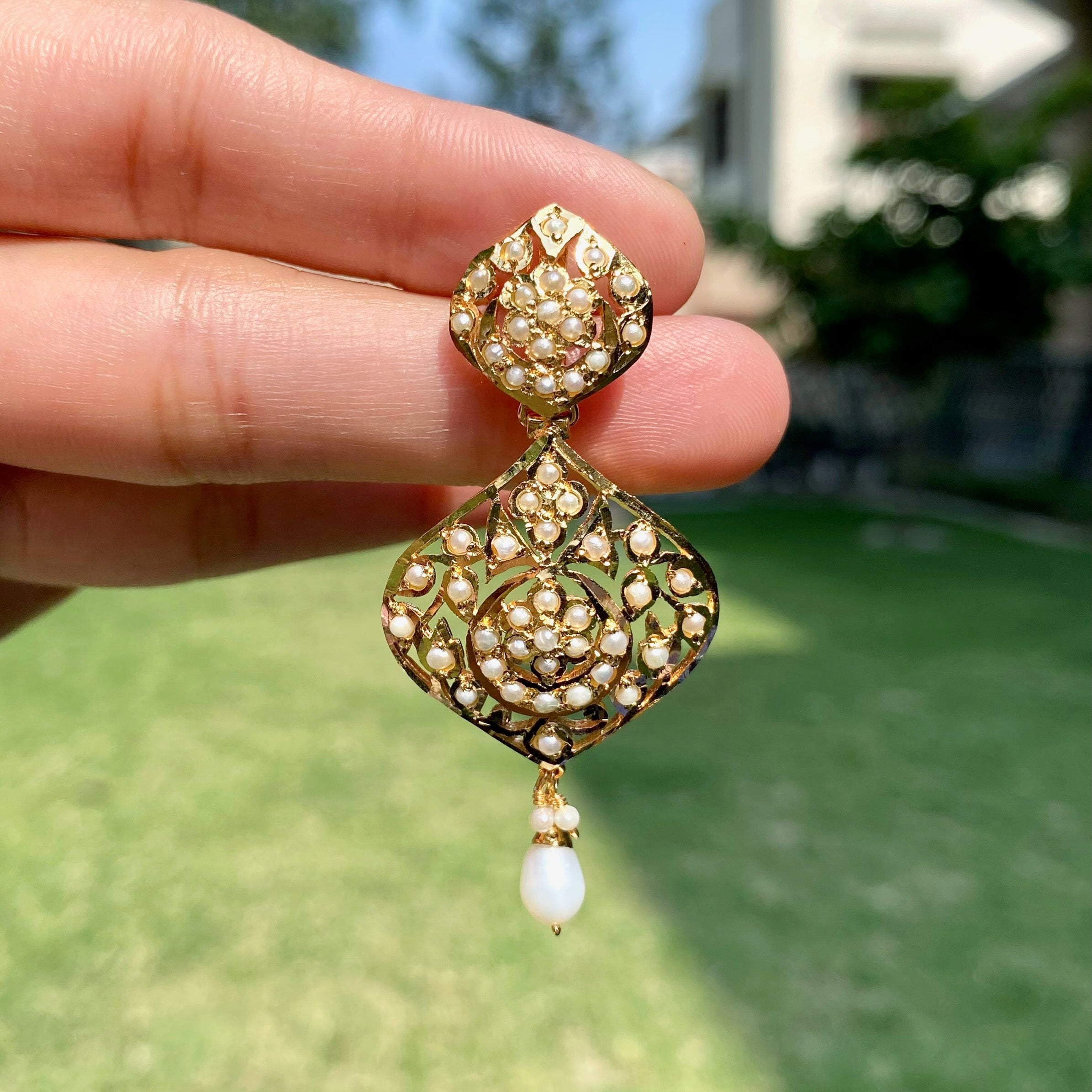 Pearl Lace Drop Jadau Earrings | Gold Plated Silver ER 727