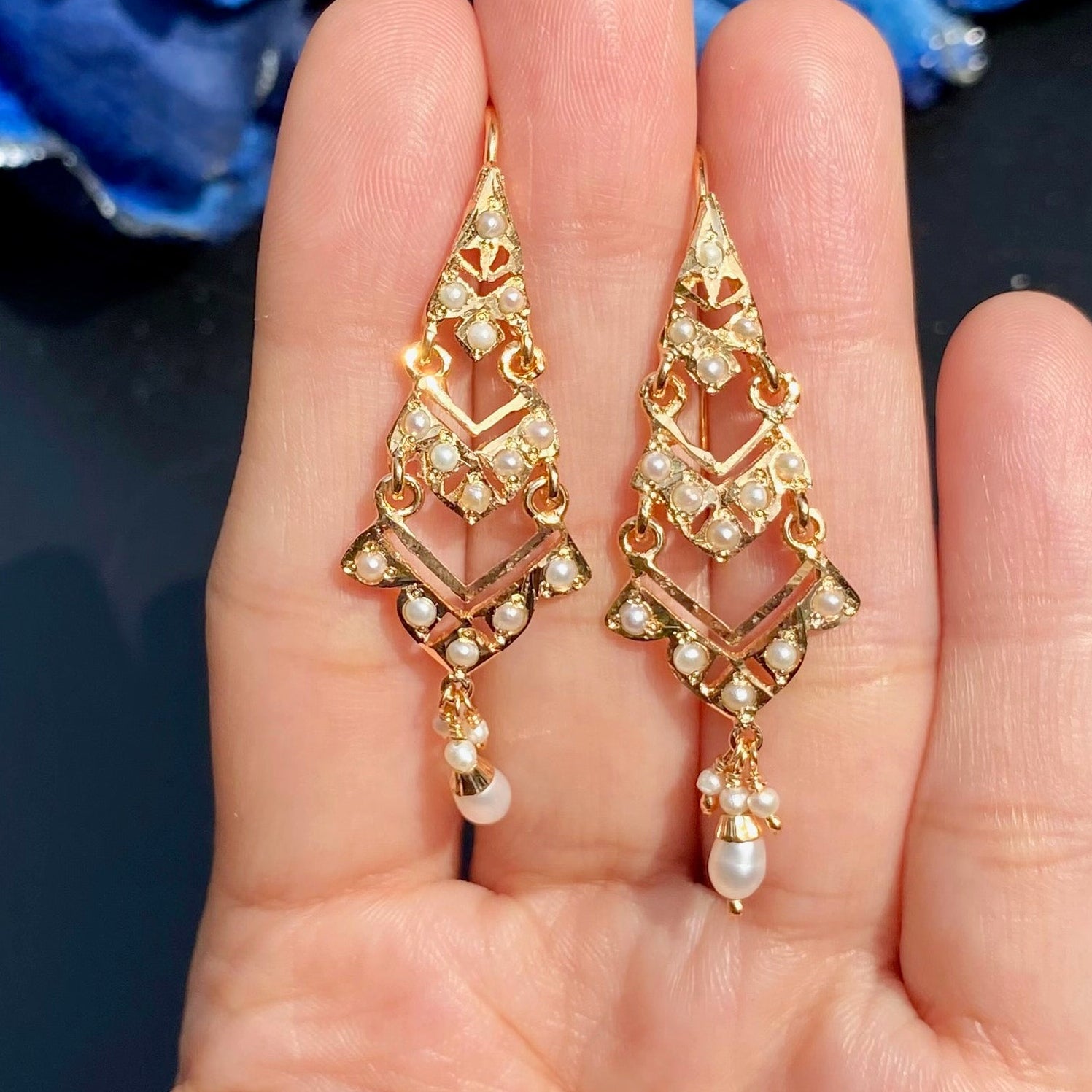 Pearl Geometric Jadau Drop Earrings | 925 Silver Gold Plated ER 725