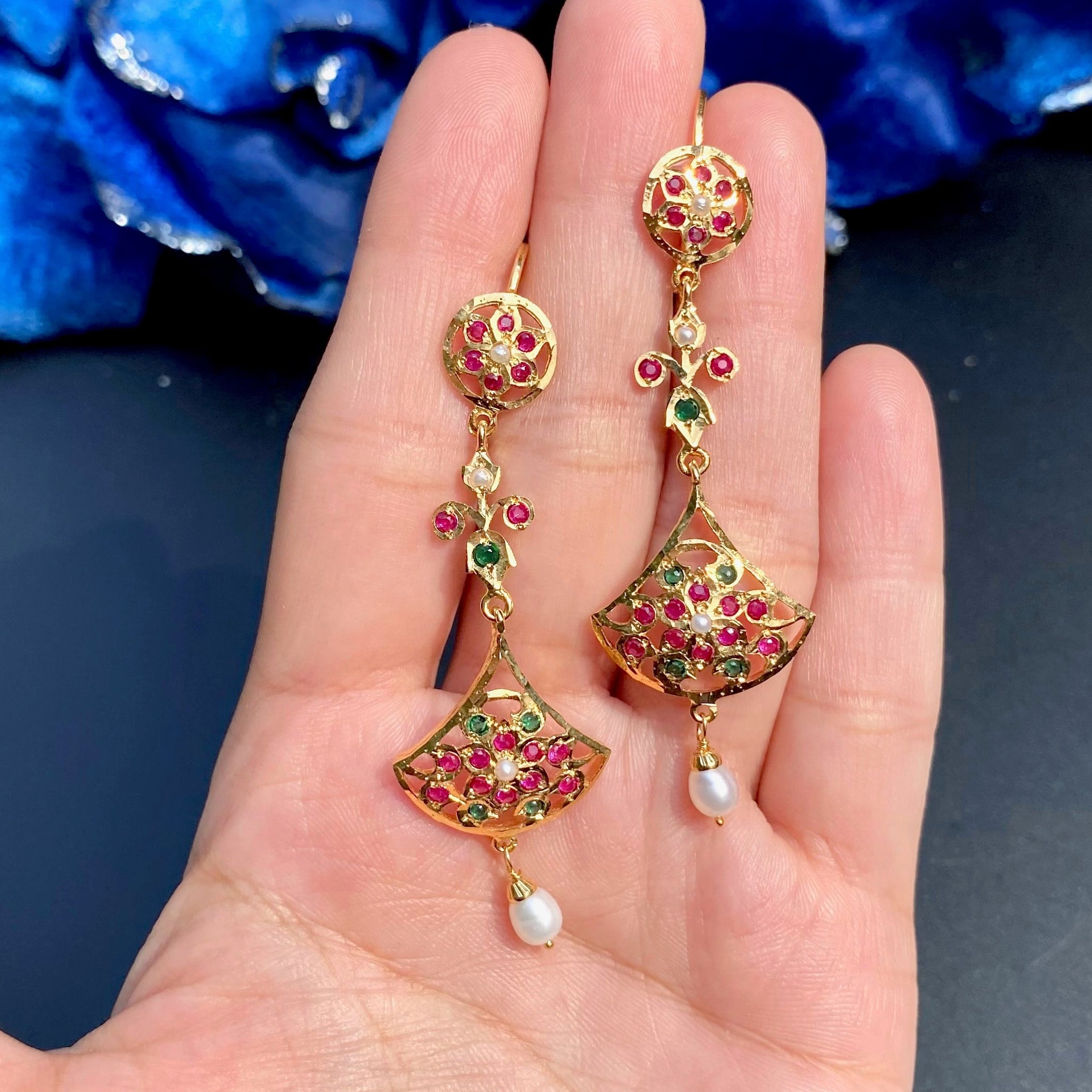 Product Title Ruby Emerald Fan Jadau Drop Earrings | Gold Plated Silver ER 728