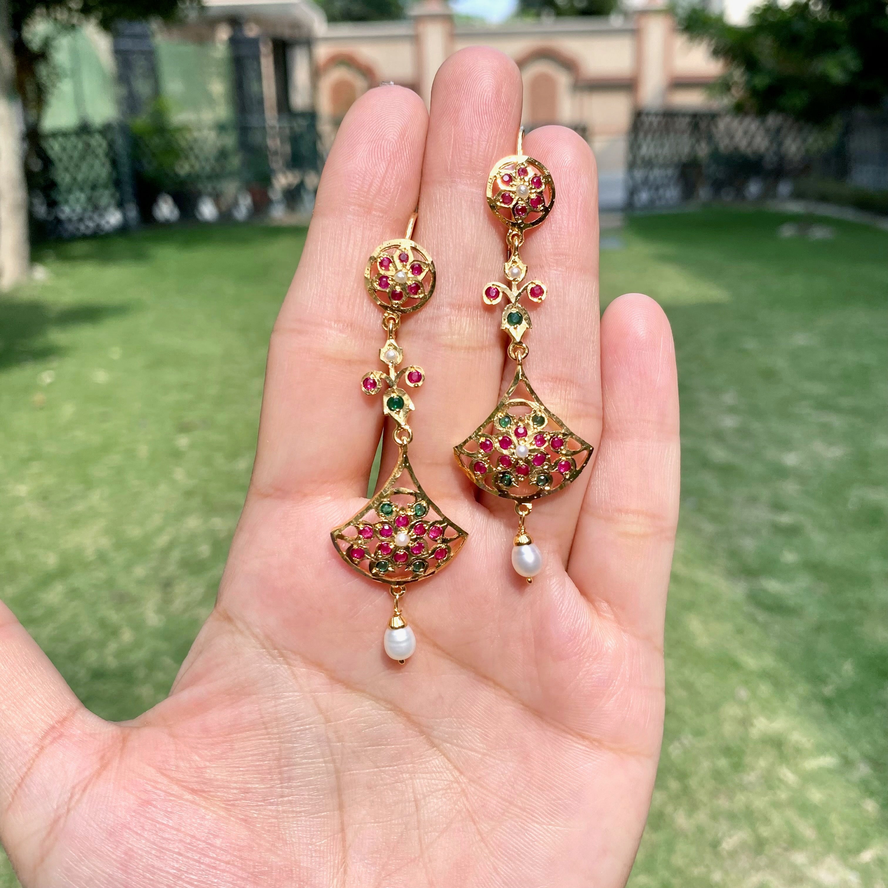 Product Title Ruby Emerald Fan Jadau Drop Earrings | Gold Plated Silver ER 728