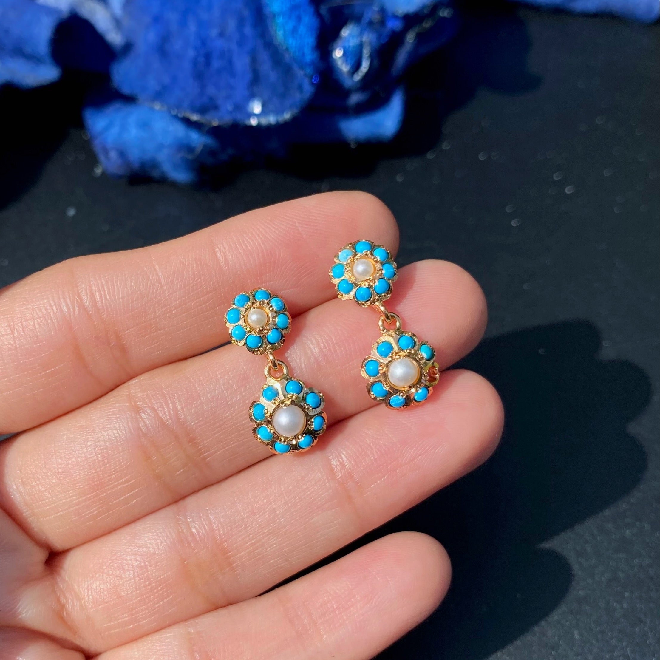 Dainty Turquoise Earrings in Floral Design | Gold Plated on Silver ER 729