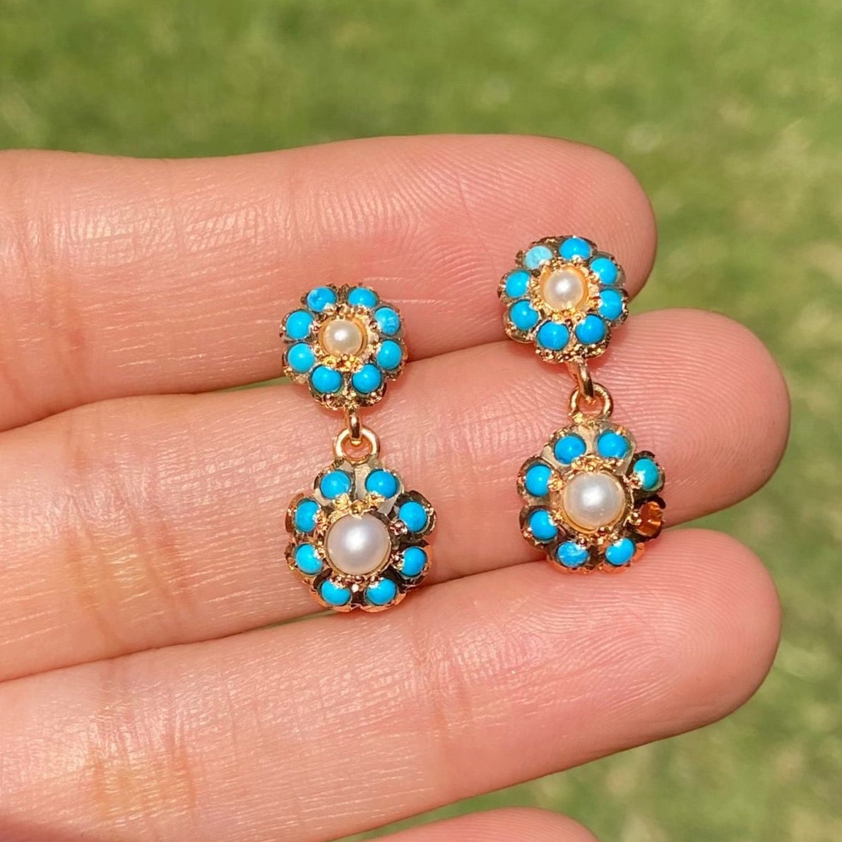 Dainty Turquoise Earrings in Floral Design | Gold Plated on Silver ER 729