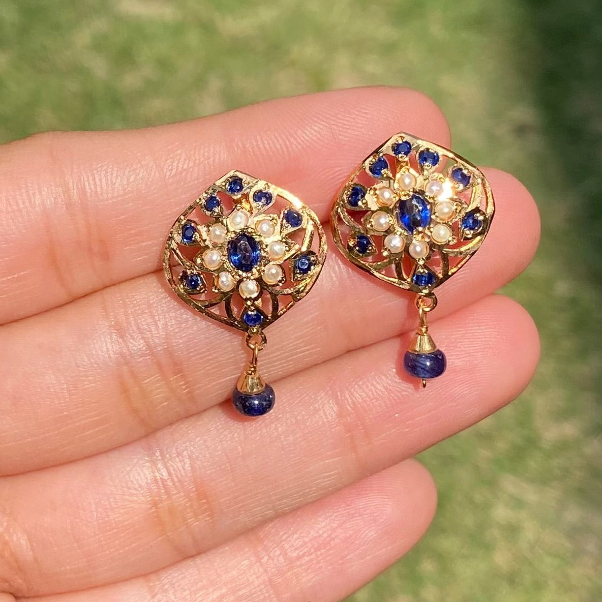 Cute Jadau Stud in Pearl Sapphire Combination | Gold Plated on Silver ER 733