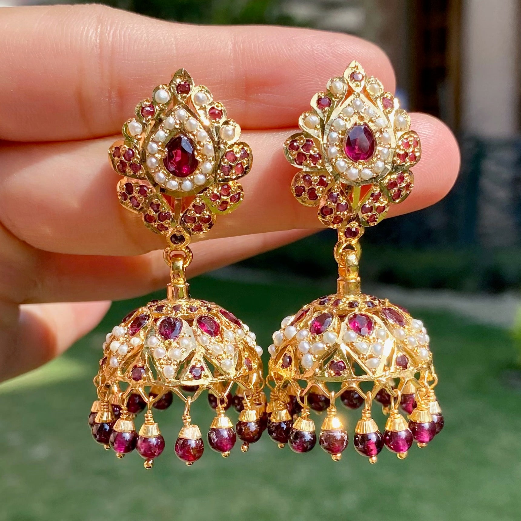 Pearl & Garnet Jhumka Earrings | Gold Plated Luxury Jadau on Silver Base ER 677