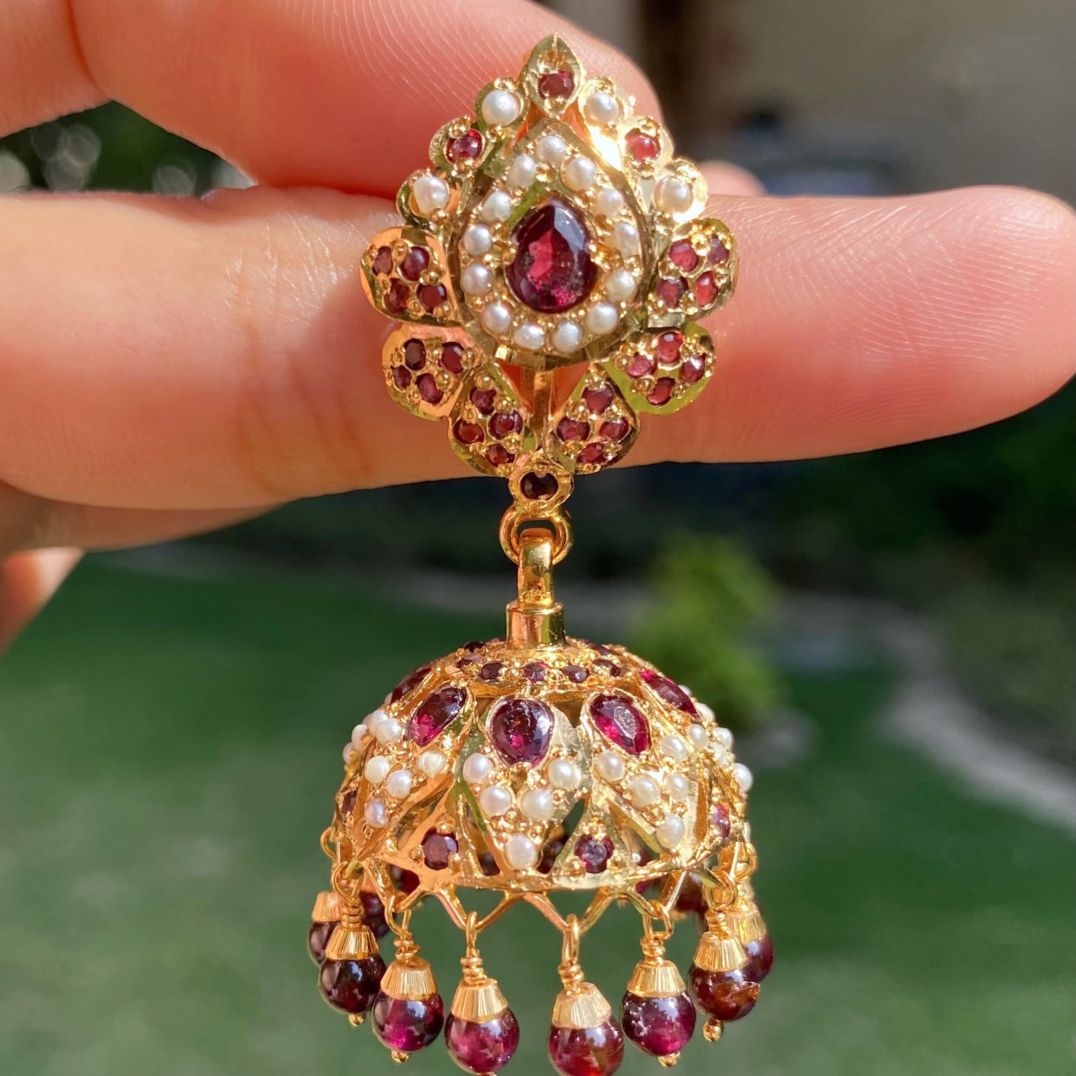 Pearl & Garnet Jhumka Earrings | Gold Plated Luxury Jadau on Silver Base ER 677