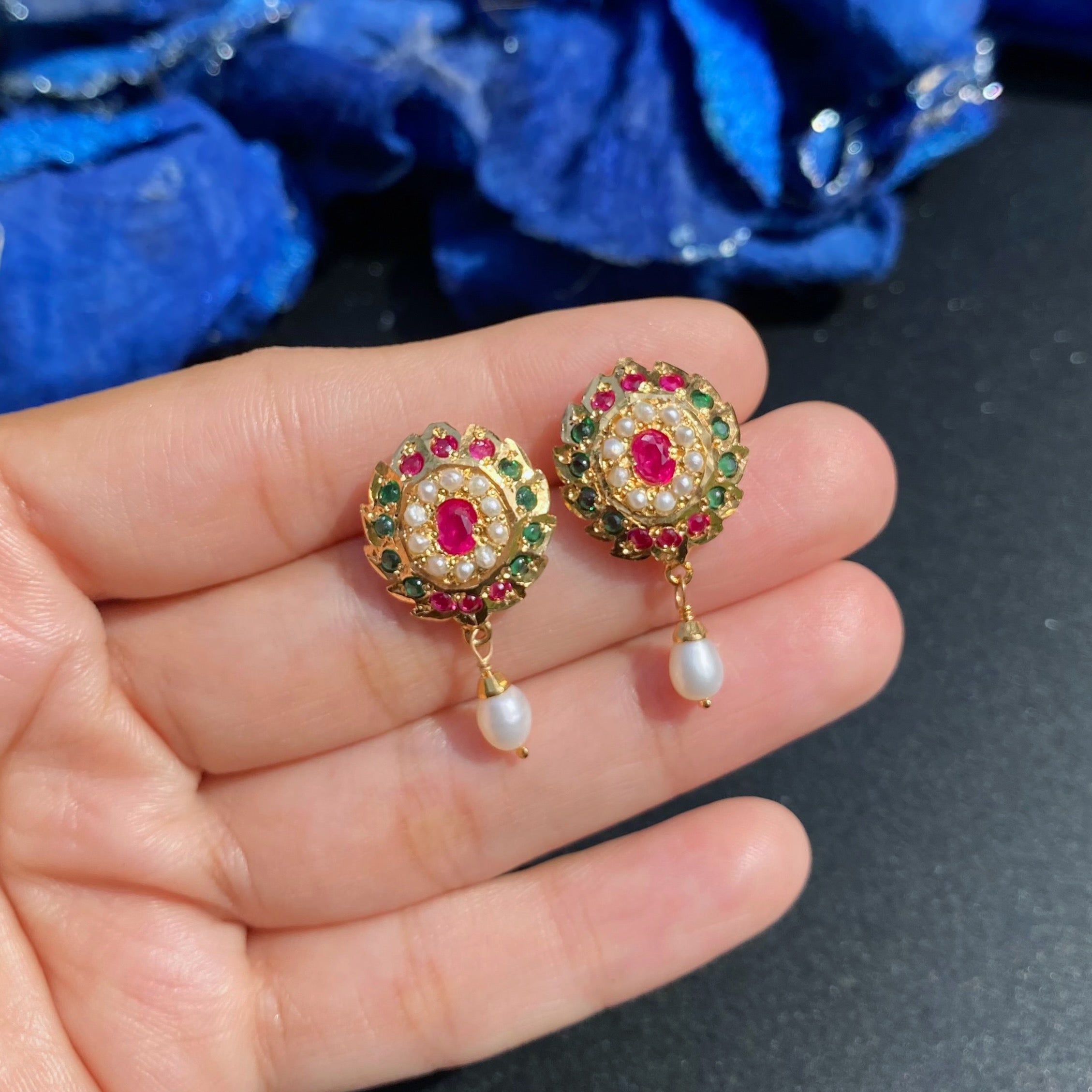 Ruby Emerald Pearl Jadau Stud Earrings | Gold Plated on Silver ER 735