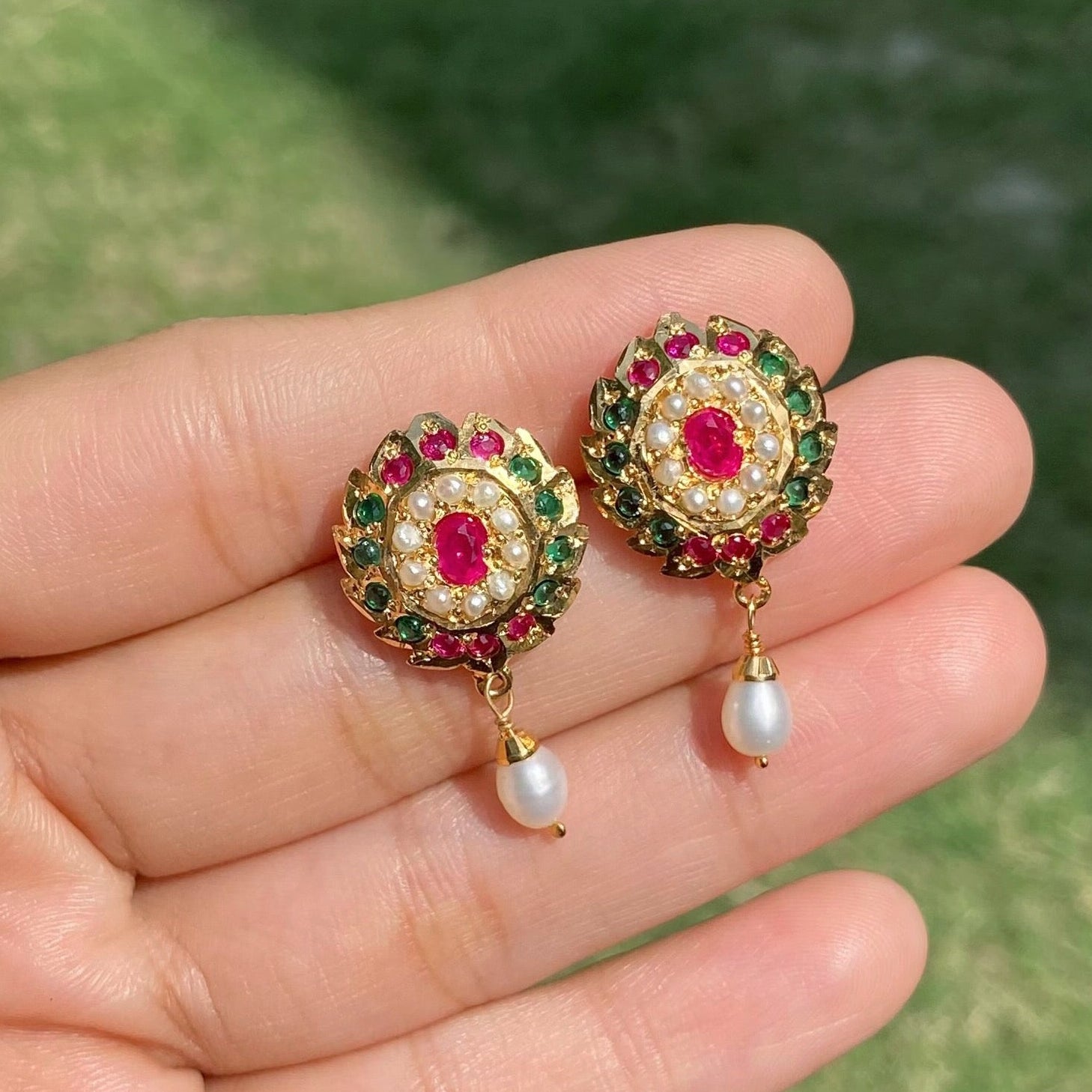 Ruby Emerald Pearl Jadau Stud Earrings | Gold Plated on Silver ER 735