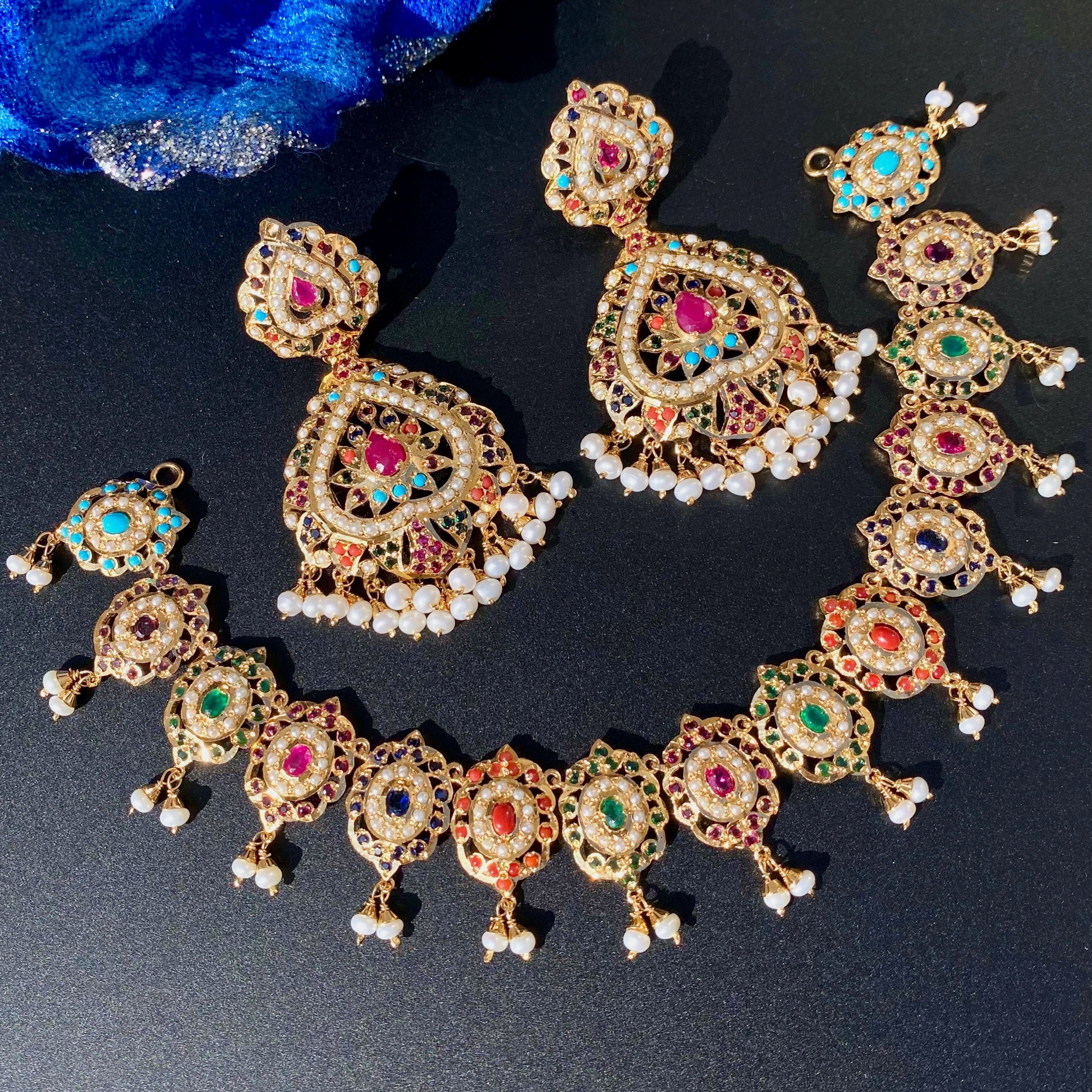 Jadau Navratan Set | Gold Plated on Pure Silver | Necklace with Large Earrings NS 375