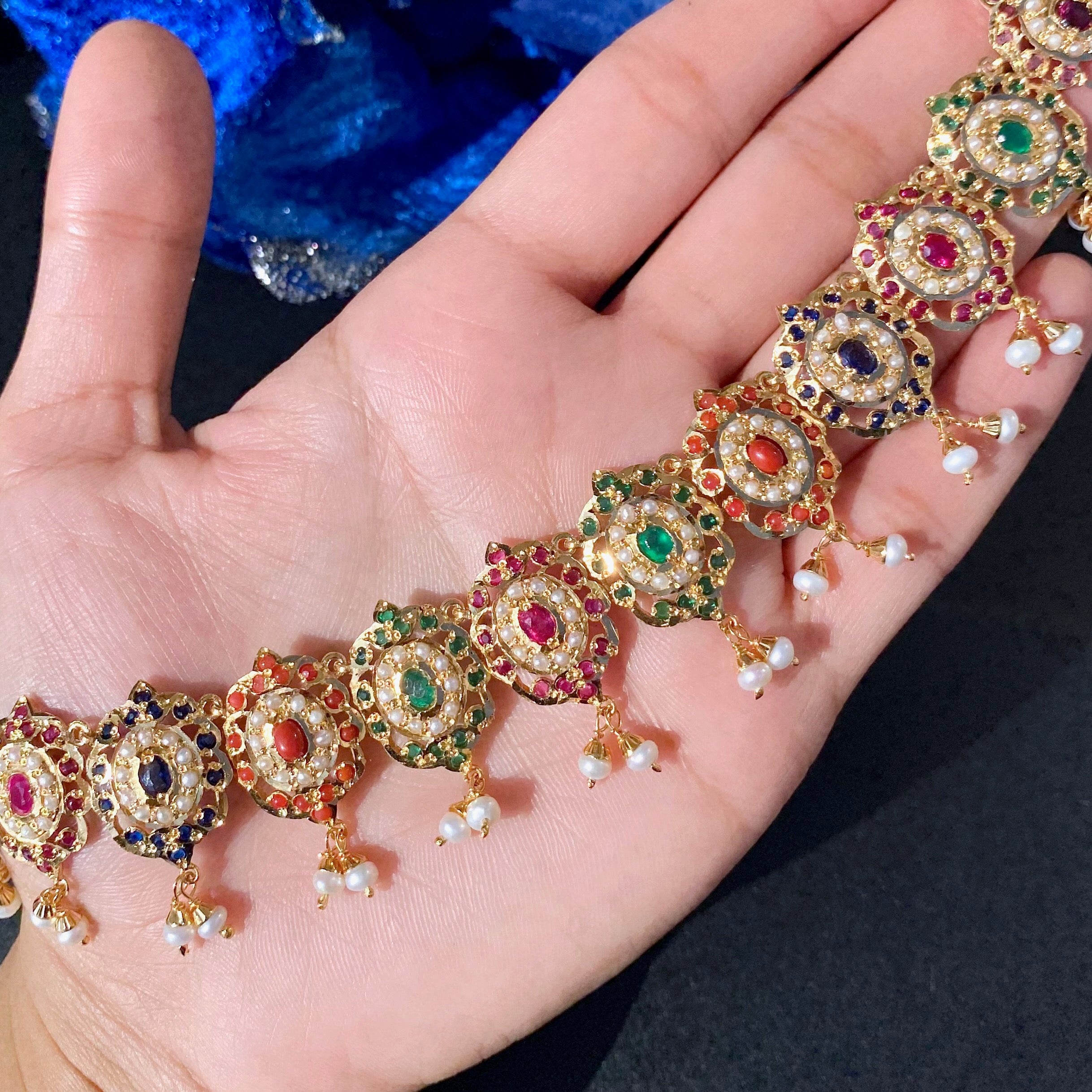 Jadau Navratan Set | Gold Plated on Pure Silver | Necklace with Large Earrings NS 375